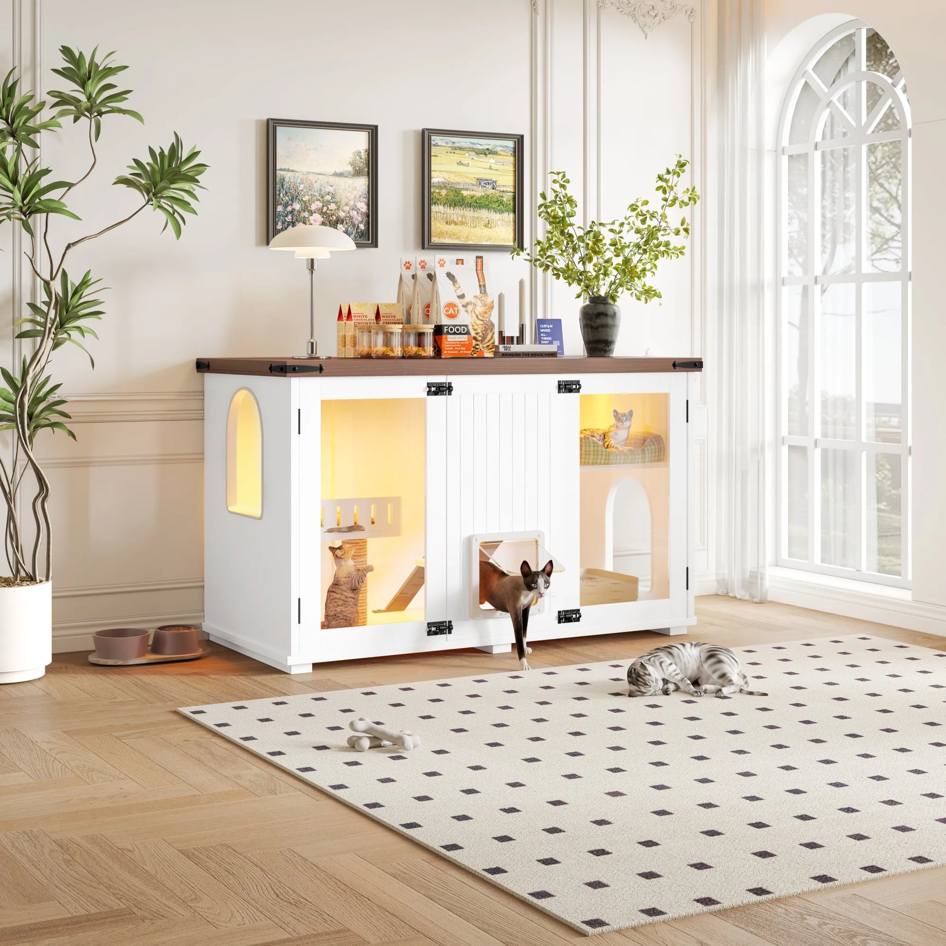 47.25' Large Cat Litter Box Enclosure with LED Light, Hidden Litter Box Furniture, Cat House with Stairs and Cat Scratching Post, Cat Cabinet Side – view 10
