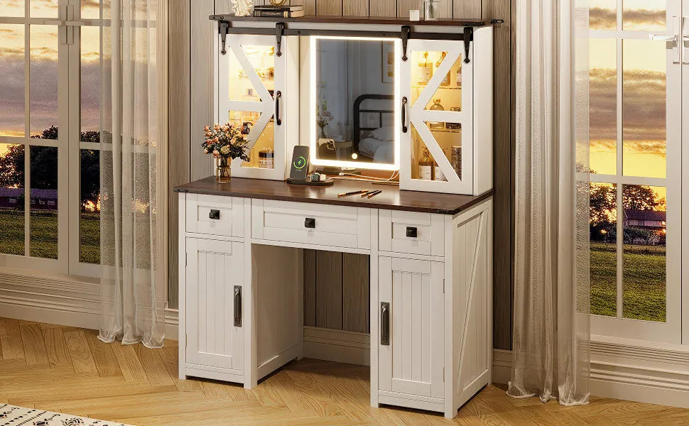 (Stool NOT Included) 43.3' Farmhouse Makeup Vanity Desk with Lighted Mirror, Vanity Table with Charging Station, Dressing Table with Sliding Barn – view 10