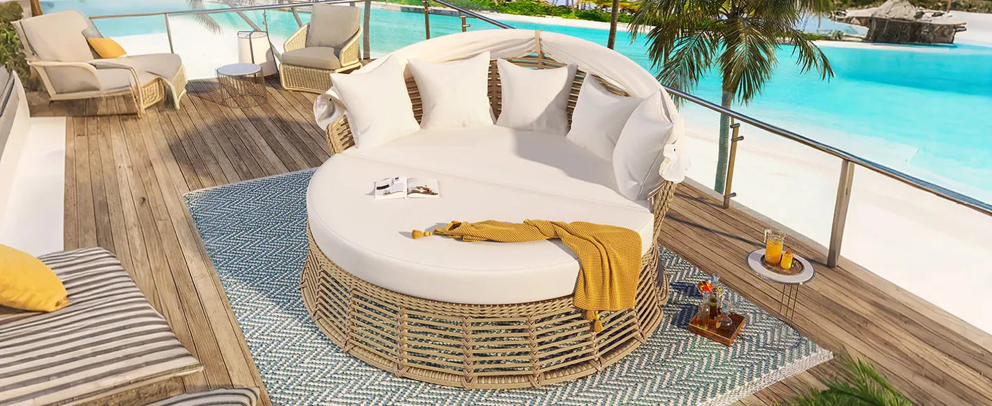 <Old SKU: N704G201243A> Outdoor Patio Rattan Round Daybed with Retractable Canopy, Wicker Furniture Round Poolside Sofa Sunbed with Removable – view 10