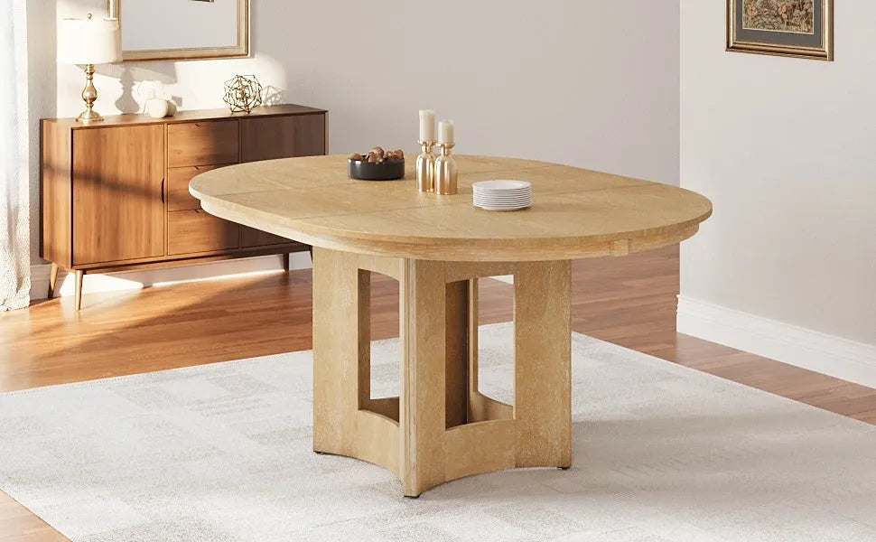 Farmhouse Extendable Round Dining Table with 16inch Removable Leaf for Small Places, Natural – view 10