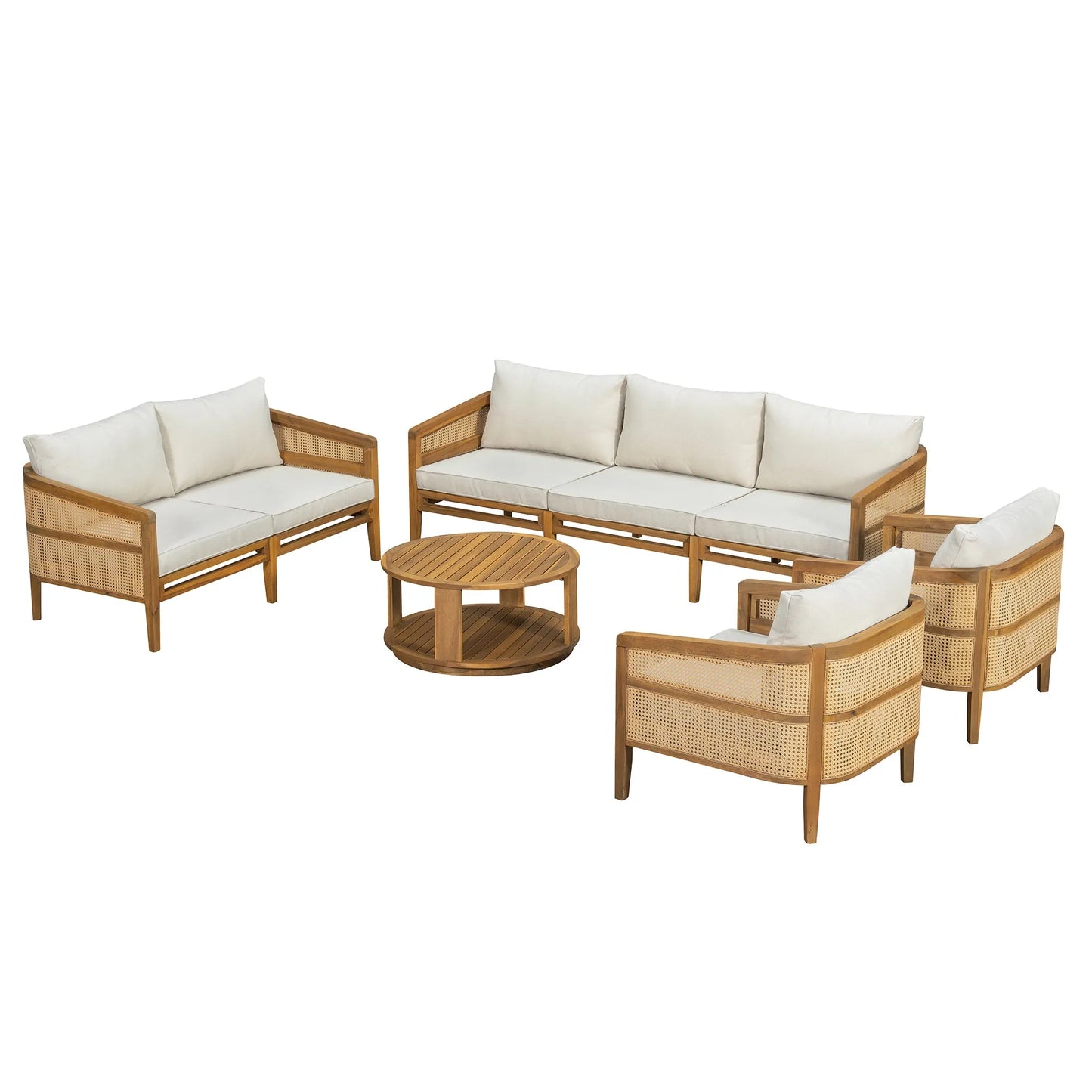 5-Piece Acacia Wood Patio Furniture Set, Modular Outdoor PE Rattan Sofa Set with Loveseat, 2 Armchairs & Round Coffee Table, Water-Resistant Cushions – view 10