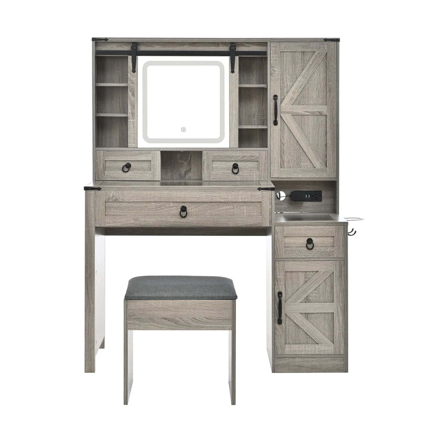 Farmhouse Vanity Desk with Sliding Mirror and Lights, Vanity Set with Glass Top and Charging Station ,Dressing Table with 4 Drawers and 2 Cabinets – view 10