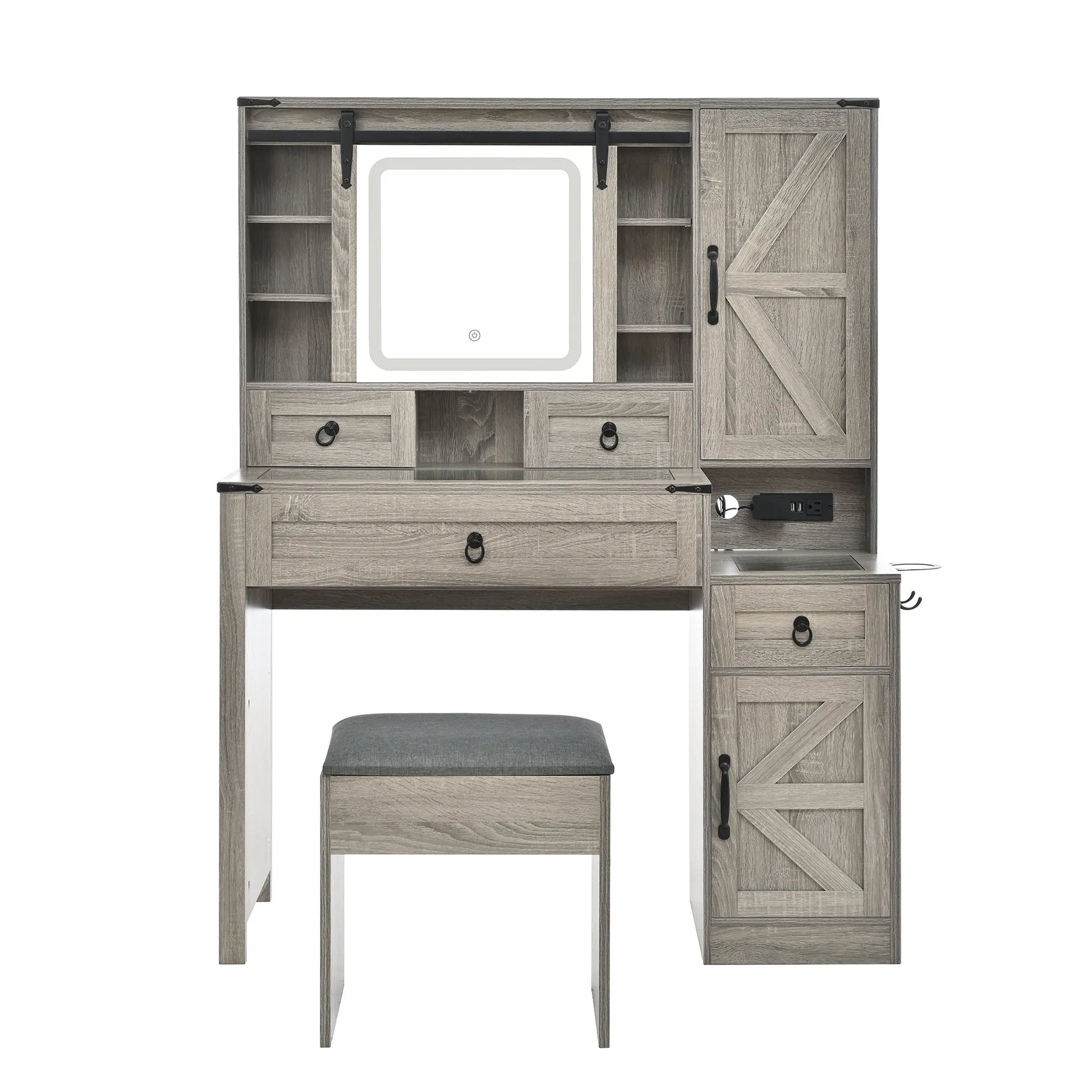 Farmhouse Vanity Desk with Sliding Mirror and Lights, Vanity Set with Glass Top and Charging Station ,Dressing Table with 4 Drawers and 2 Cabinets – view 10