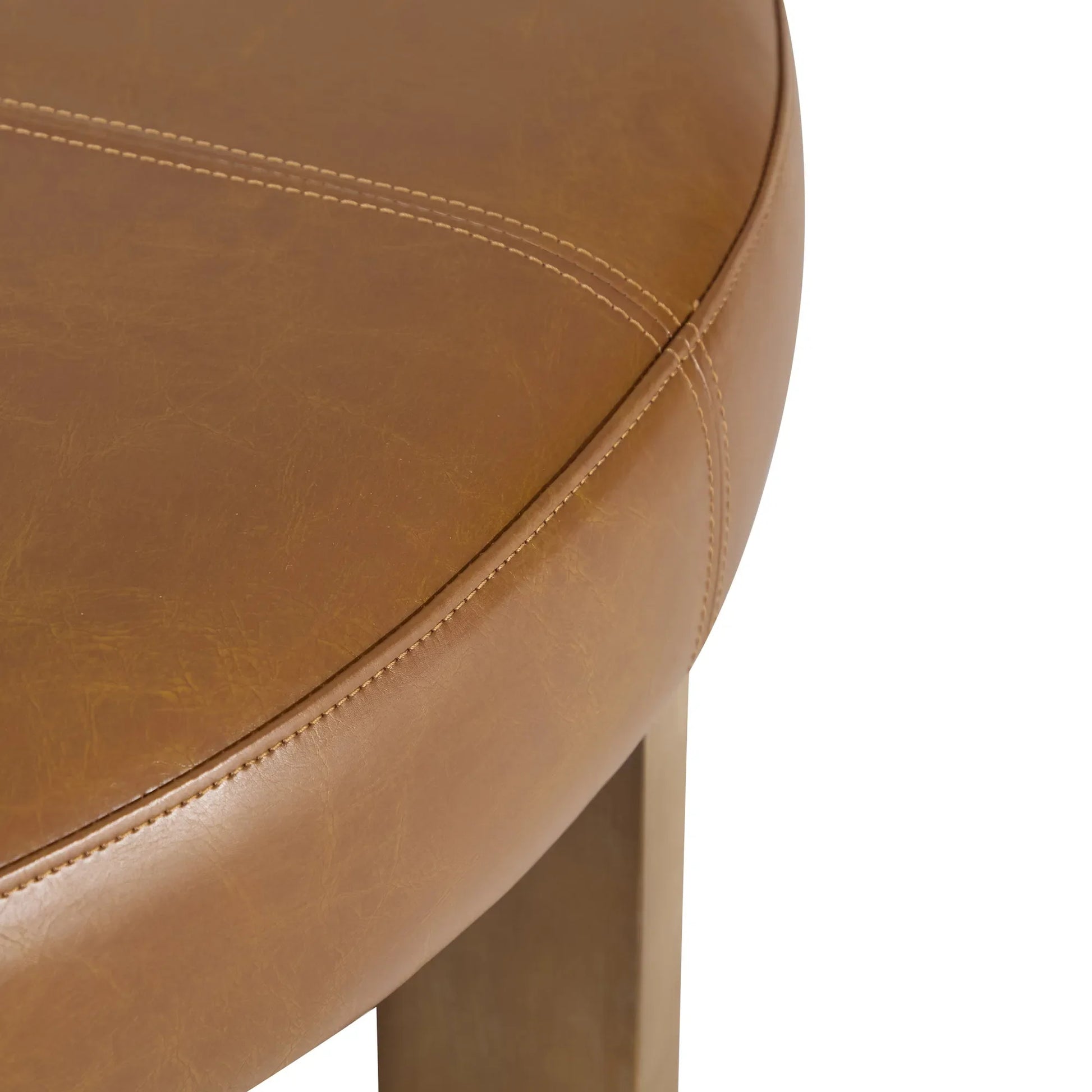 Round Leather Ottoman Coffee Table with Solid Wood Base, Tufted Faux Leather Upholstered Footrest, Brown Top with Walnut Finish Legs – view 10