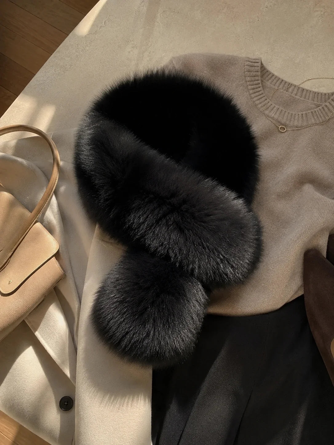 Natural Black fox fur scarf styled with neutral winter layers