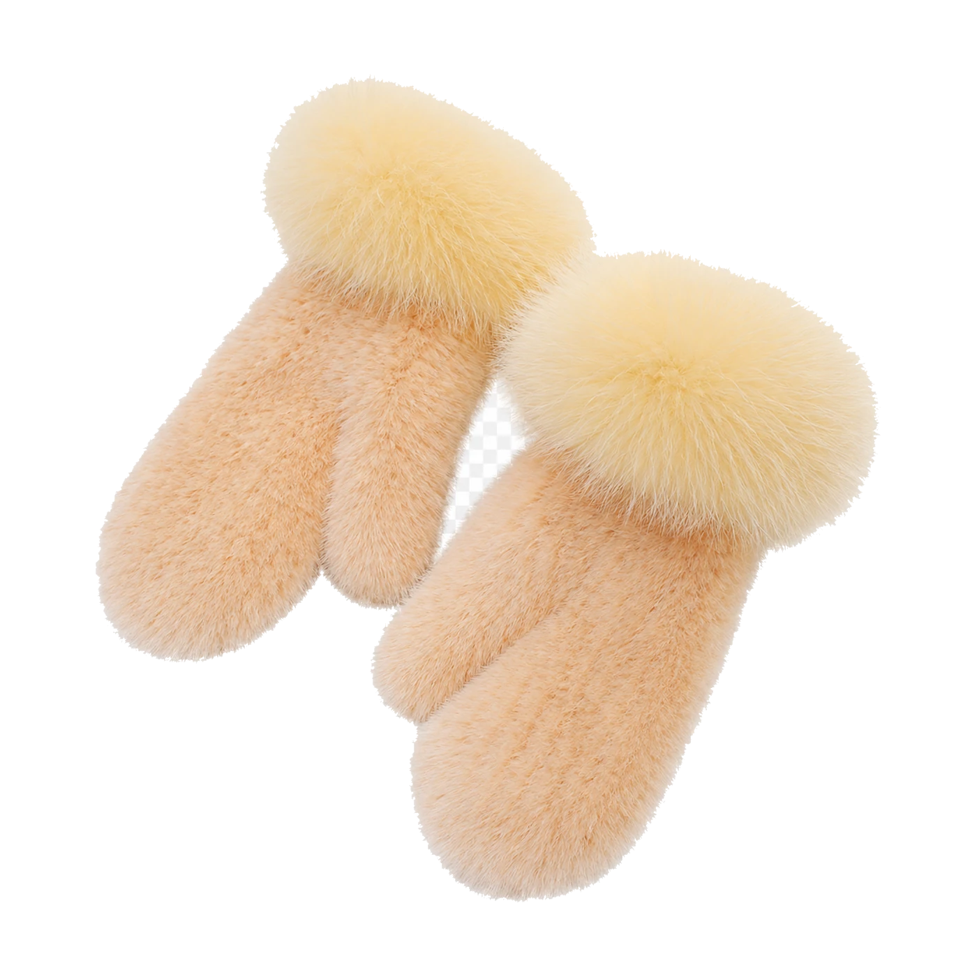 Blush Pink genuine mink fur mittens with oversized fox fur cuffs on transparent background