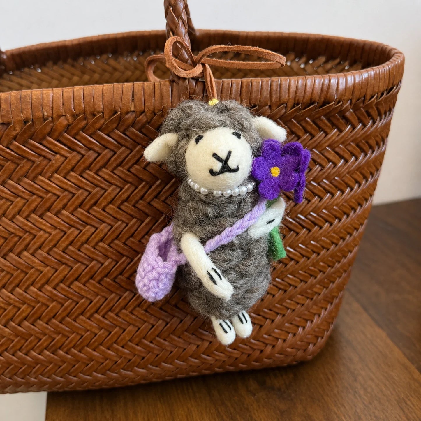 Handmade wool felt sheep bag charm – purple flower gray sheep
