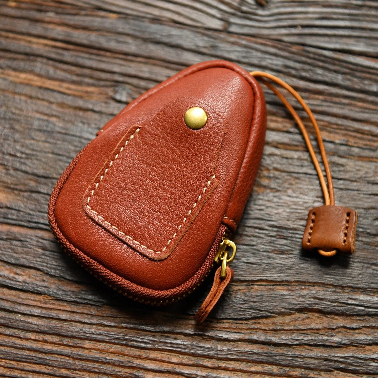 Red brown top-grain leather car key case
