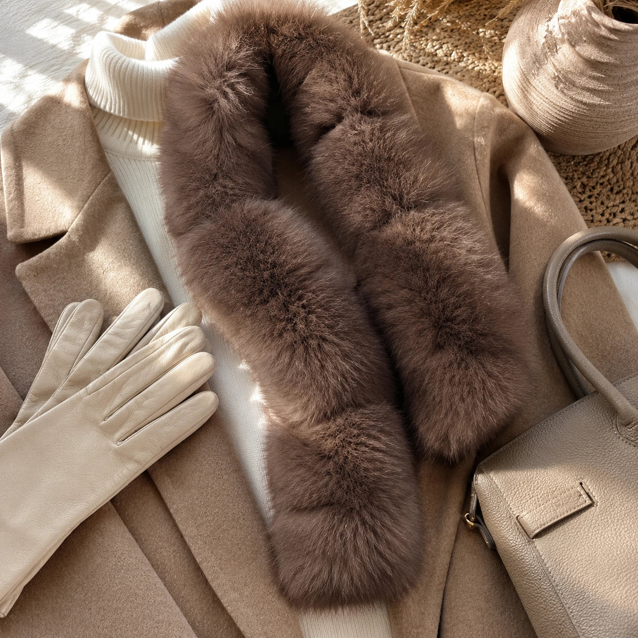Sable Brown genuine fur V-scarf styled with neutral winter accessories