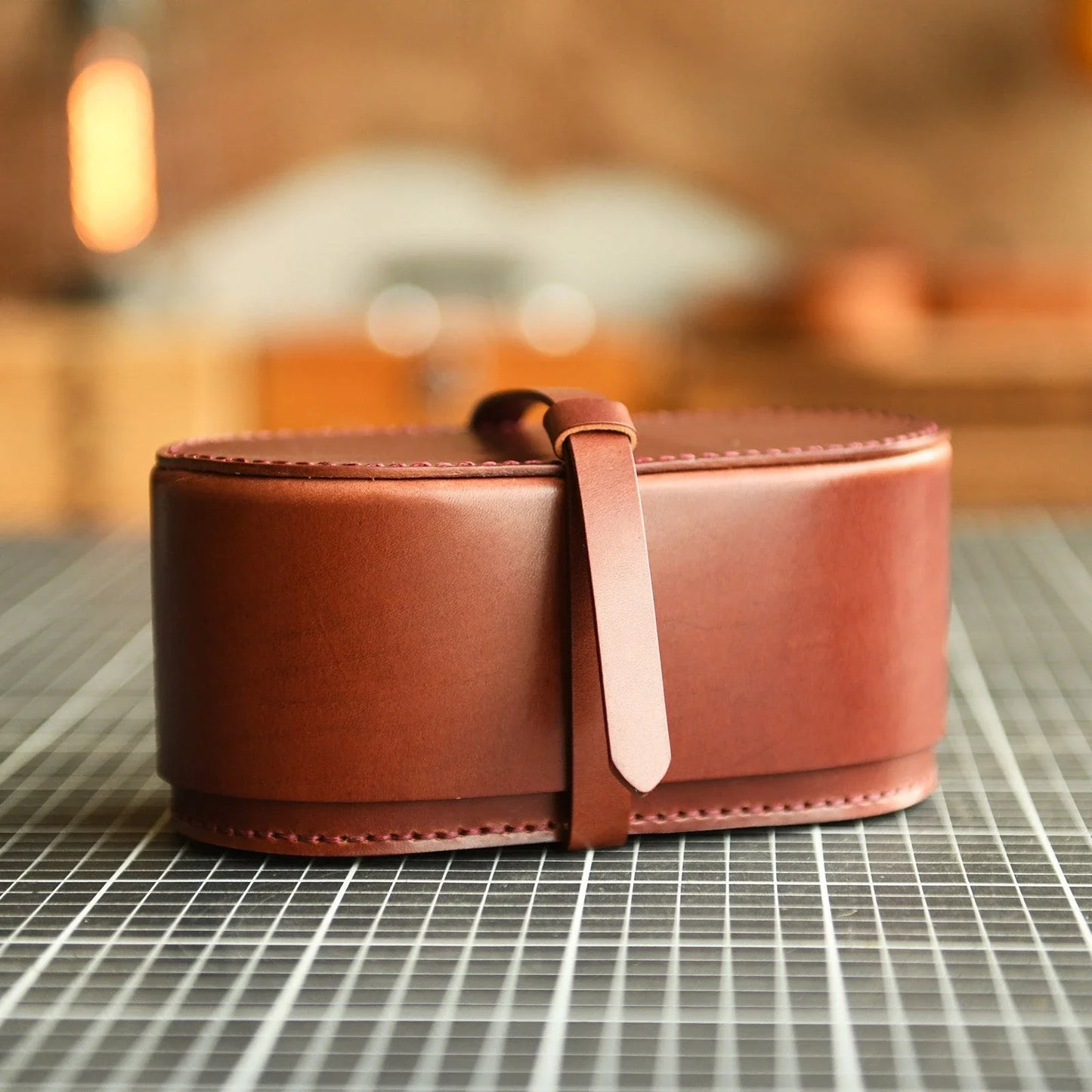 Small red brown leather tea set travel case