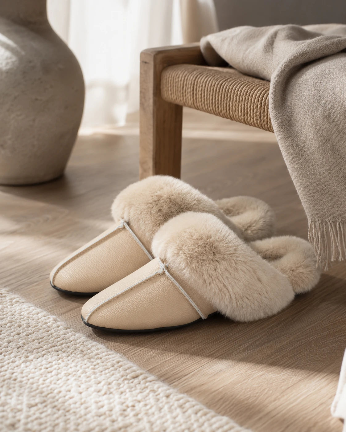 Camel cowhide and rabbit fur mule slippers styled beside a wood chair at home