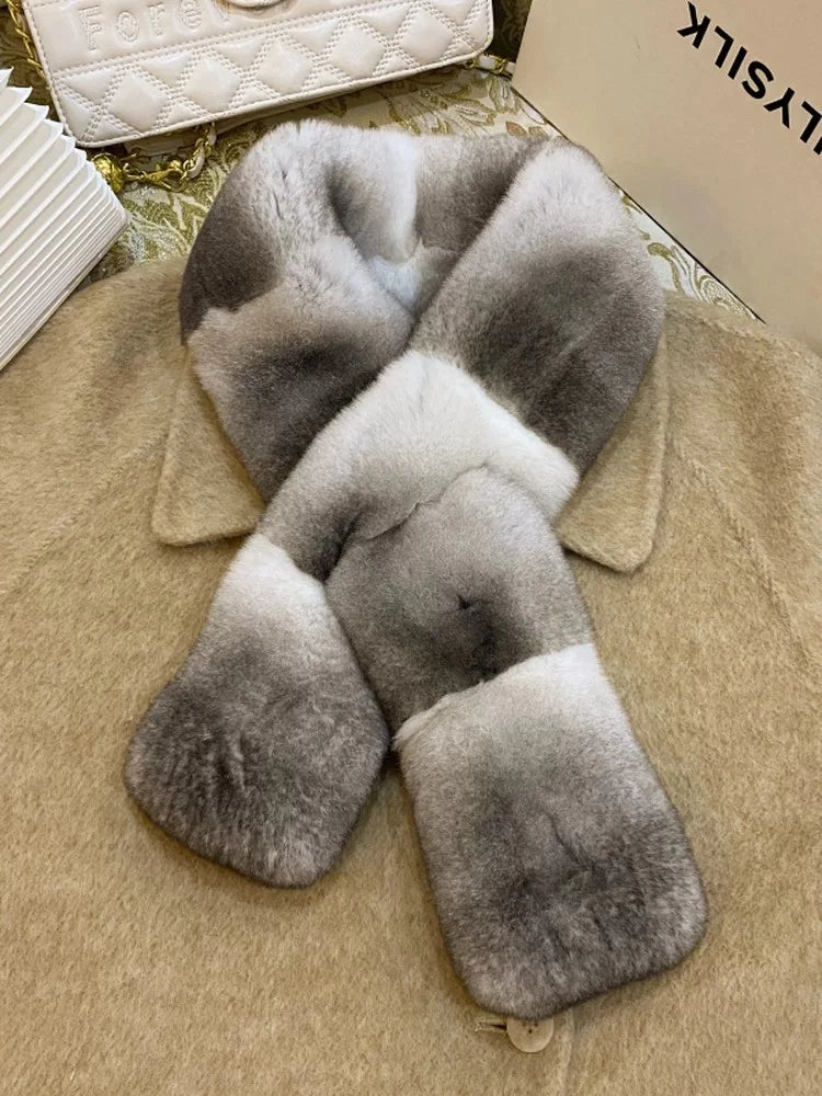 Chinchilla blue gradient Rex rabbit fur crossover scarf styled for cold weather