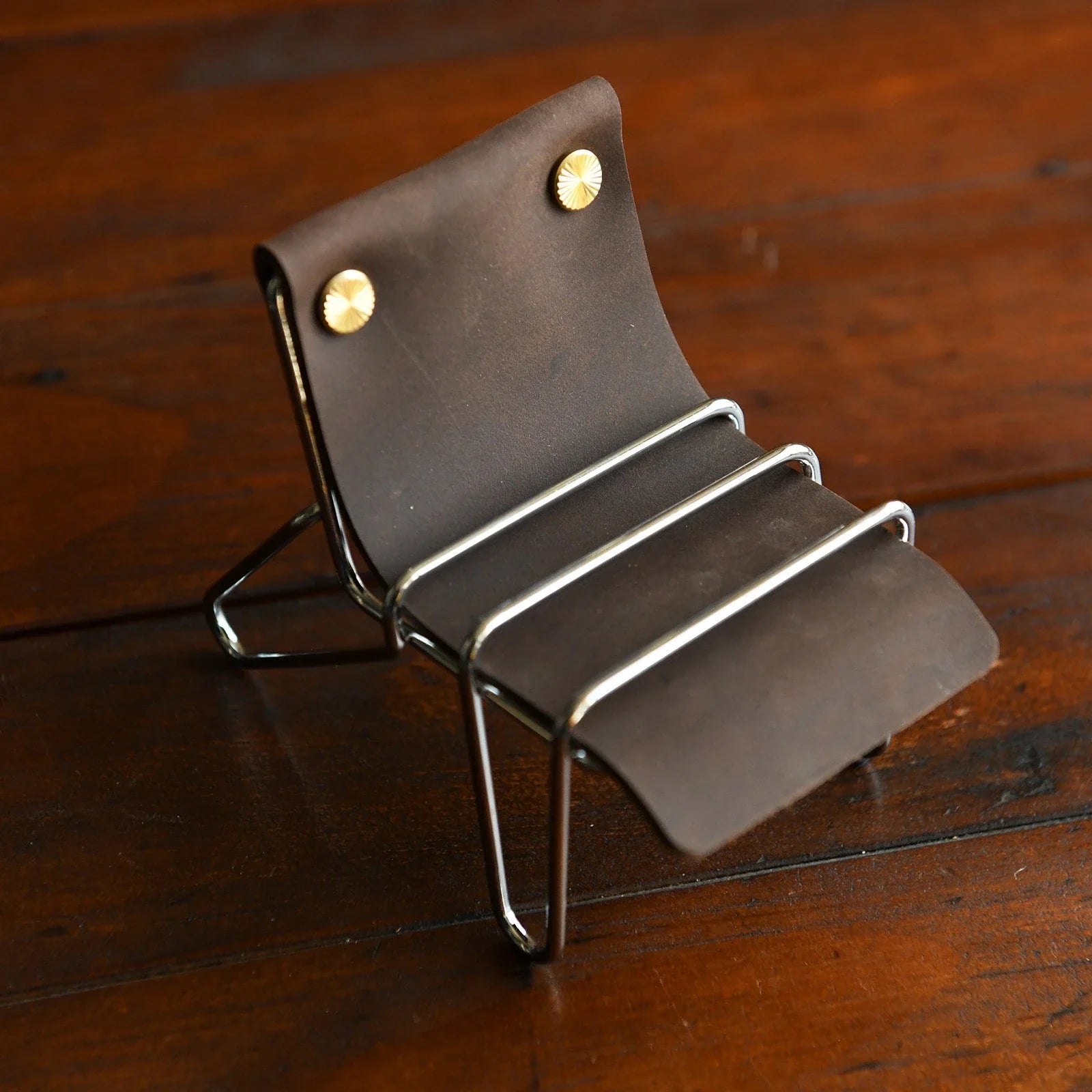 Coffee brown leather phone stand with silver frame