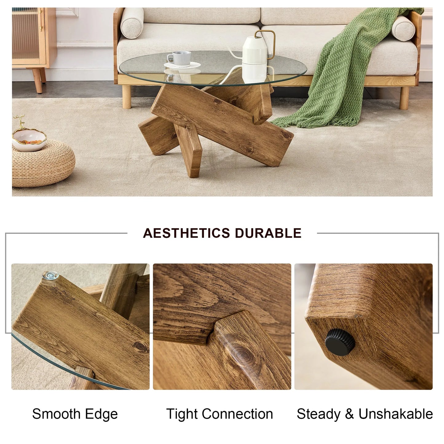 Circular glass coffee table, 33.4-inch modern and distinctive design tea table. Tempered glass countertop, wood colored MDF table legs. Suitable for – view 10