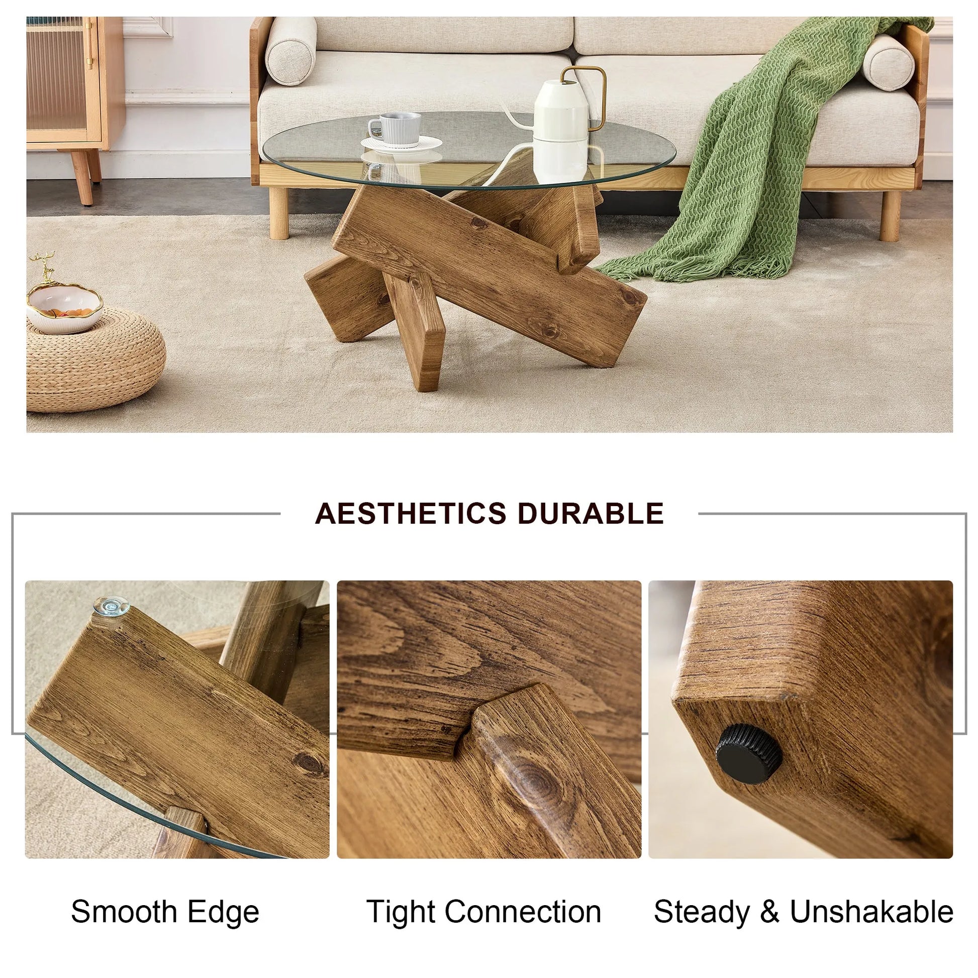 Circular glass coffee table, 33.4-inch modern and distinctive design tea table. Tempered glass countertop, wood colored MDF table legs. Suitable for – view 10