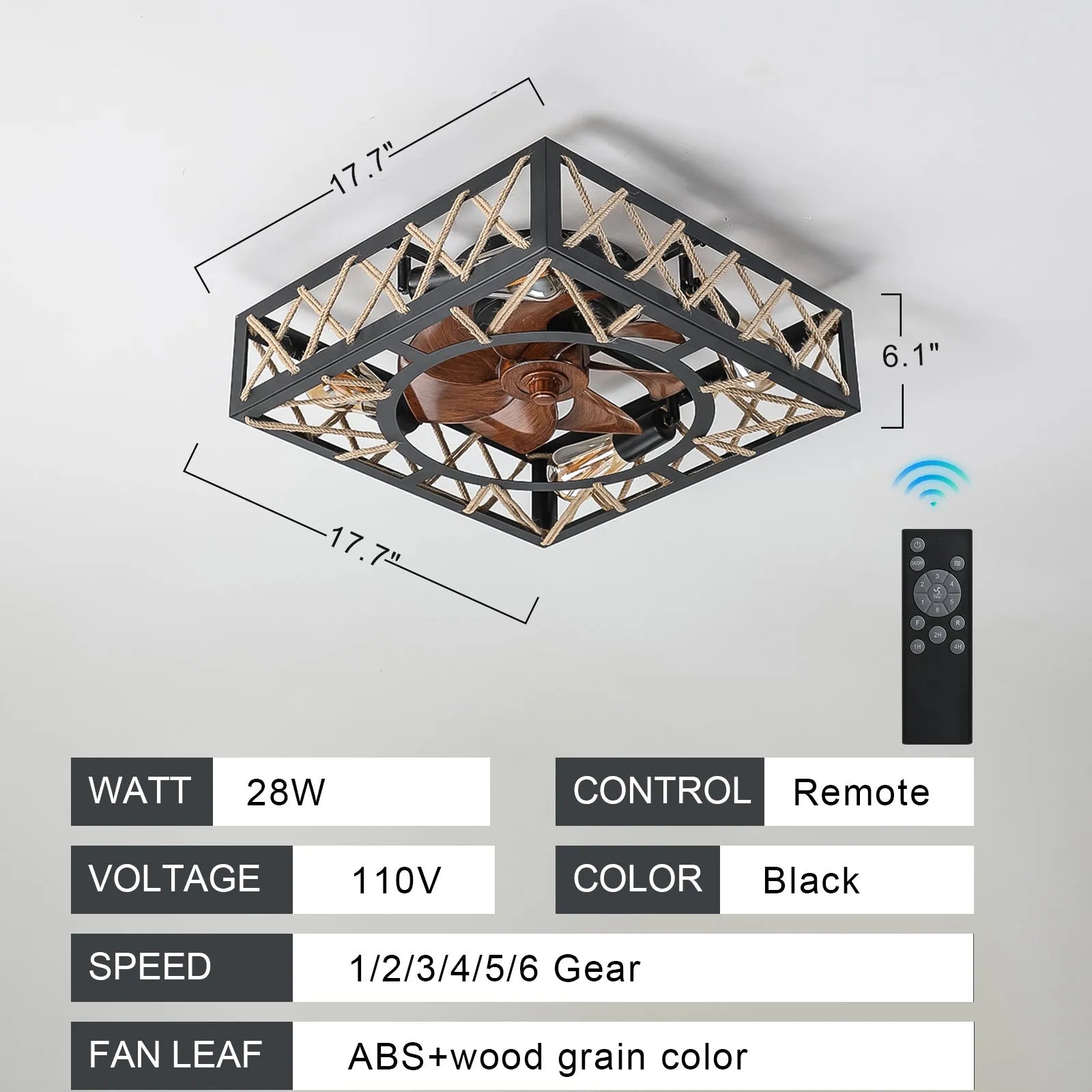 Farmhouse Rustic Ceiling Fan and Remote Control,Square Caged Industrial Ceiling Fixture with 6 Speeds & Noiseless DC Motor for Kitchen Dining Room – view 10