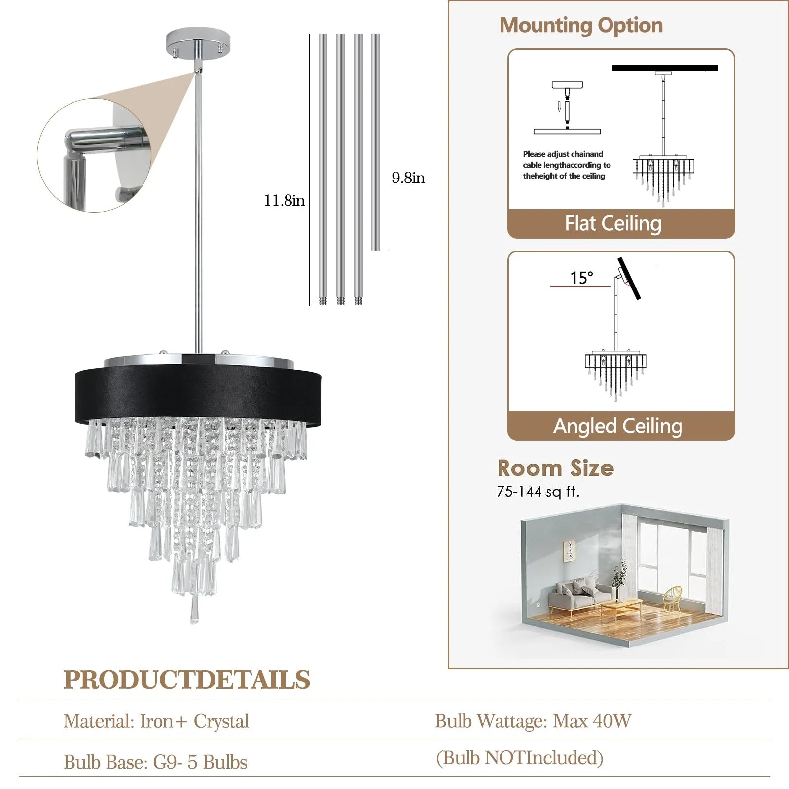 18-inch Modern Crystal Chandelier with Black Imitation Velvet Anti-Glare Shade, Adjustable Height, 8-Light G9 Base for Dining Room, Living Room, or – view 10