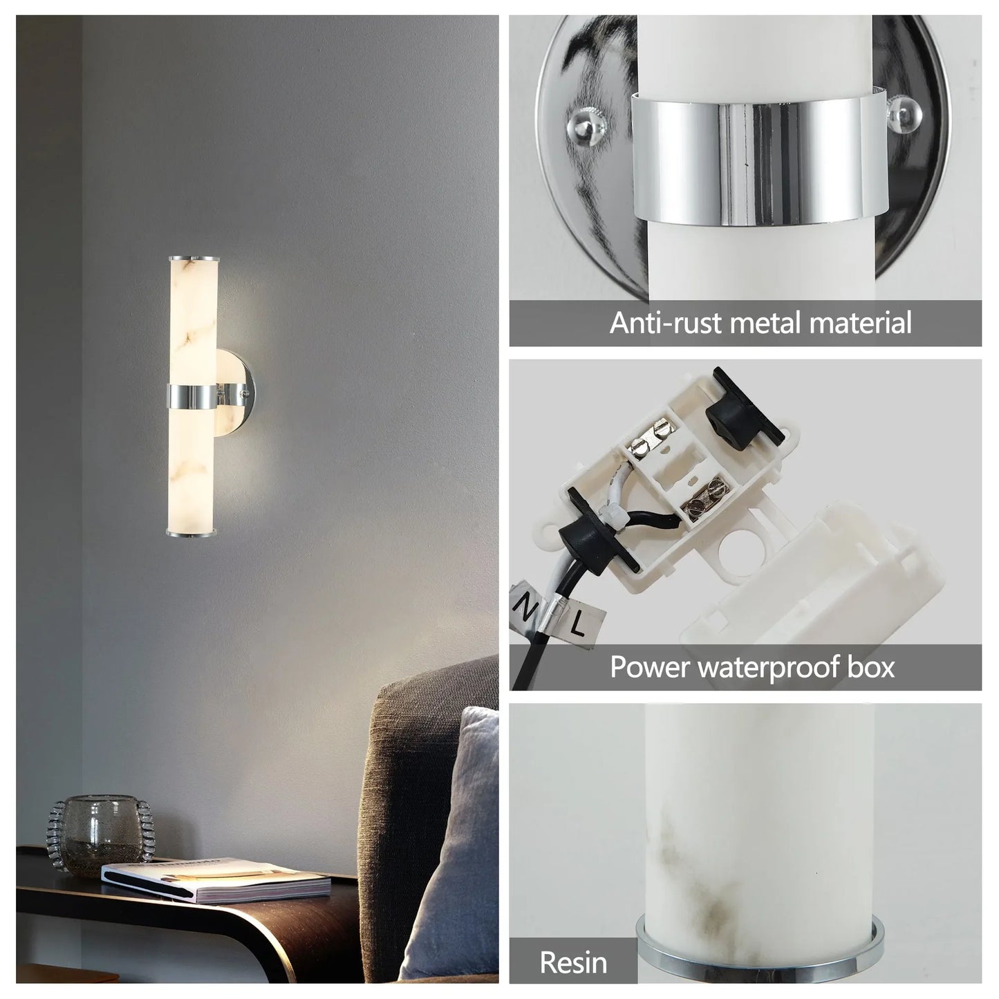 Resin Imitation Marble and Chrome Wall Sconce, Set of 2,Modern Vertical Light Fixture for Bathrooms, Hallways, and Bedrooms (Only Indoor) – view 10