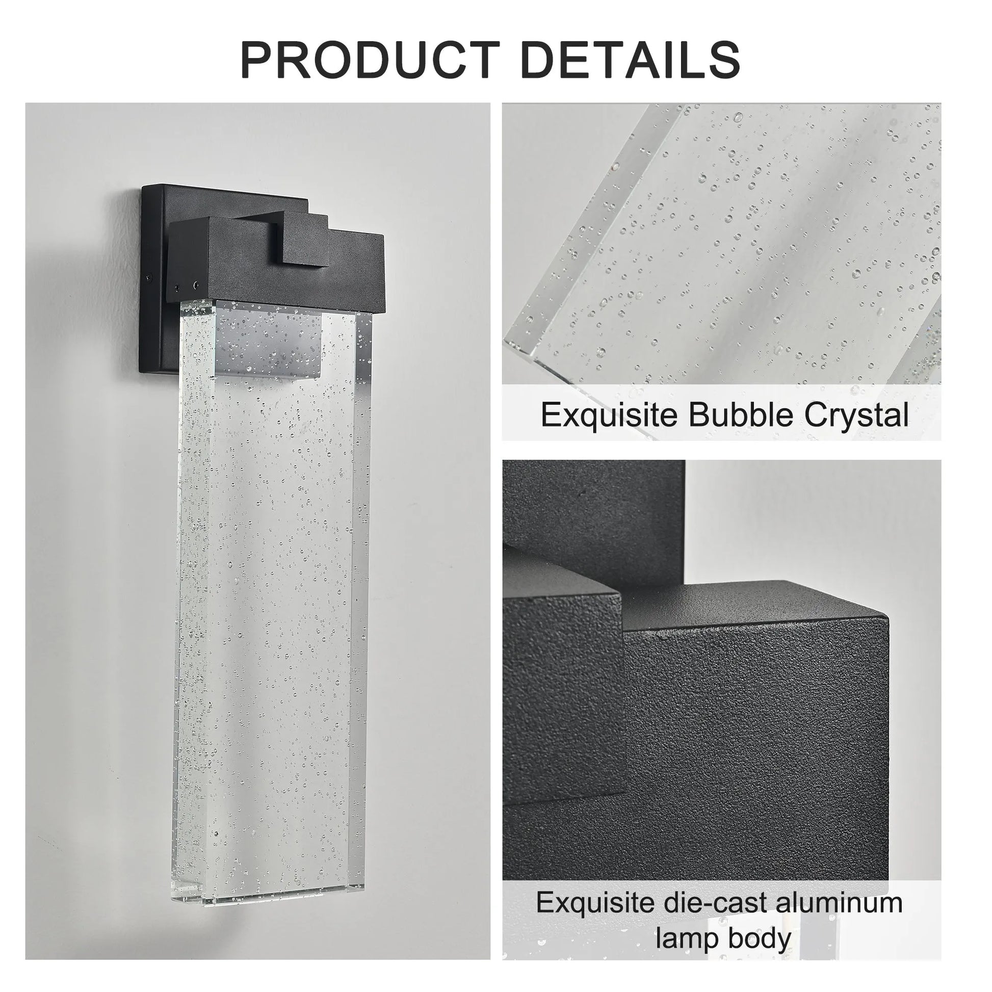 18'(H) 1-pack 12W Modern Outdoor Wall Light Fixture, Weatherproof LED Wall Sconce with Bubble Crystal, Black Finish, Up and Down Lighting for Porch – view 10