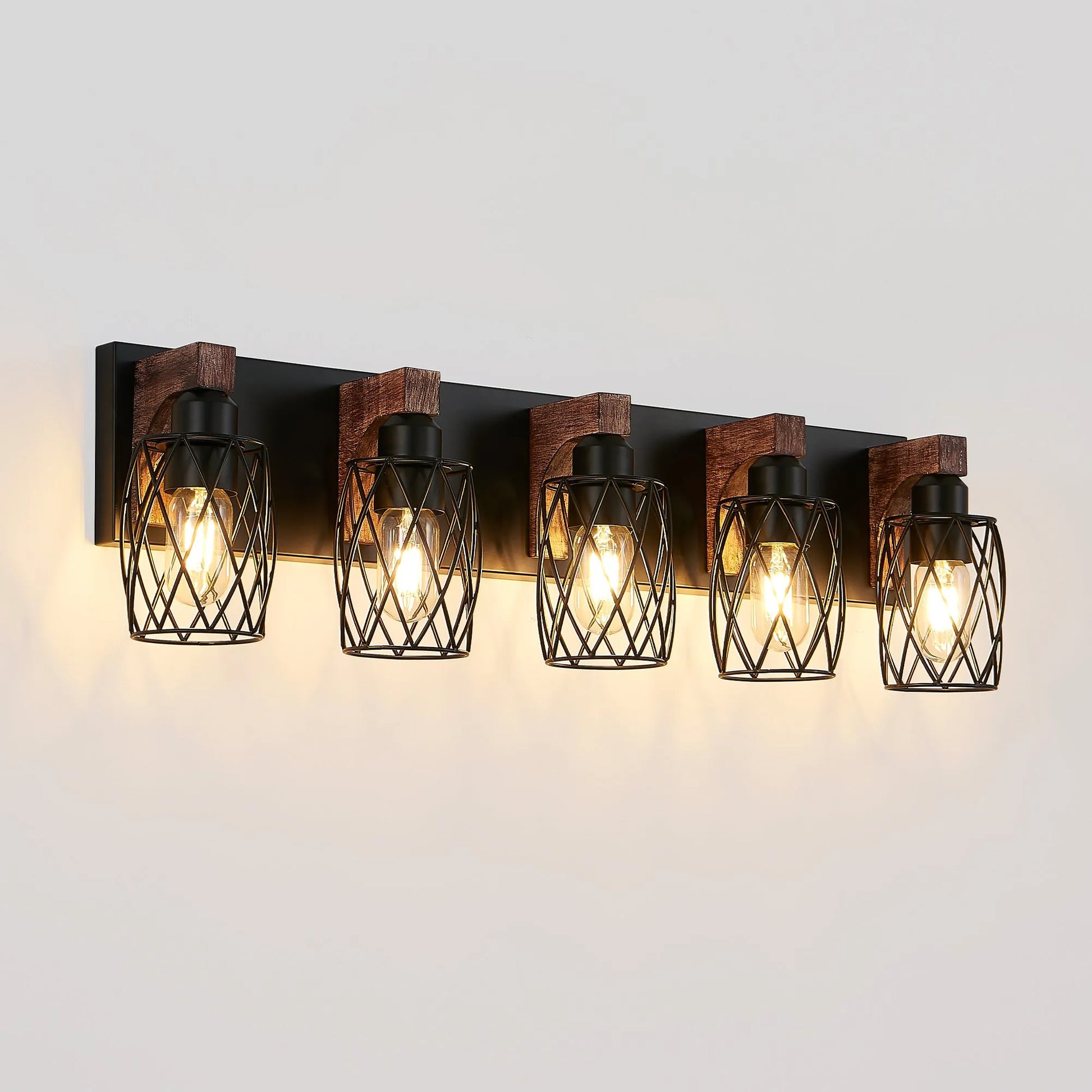 31' Industrial Vintage 5-Light Wall Sconce - Black Cage Wall Lighting Fixture with Wooden Accents for Bathroom, Hallway, or Living Room (Bulb Not – view 10