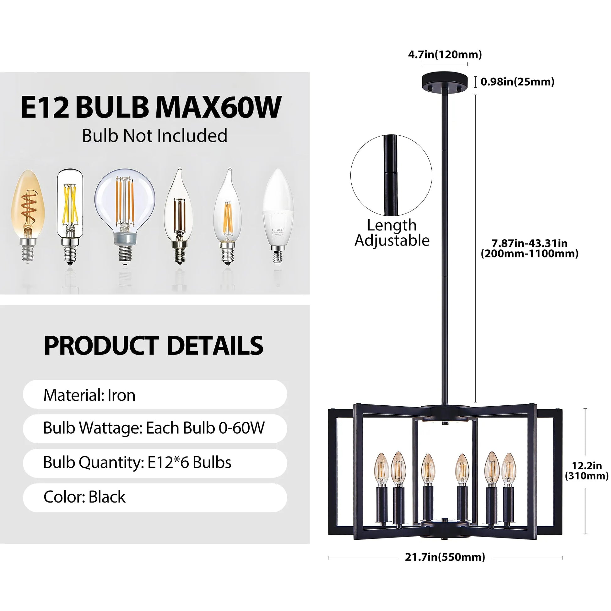22' Modern Black Geometric 6-Light Chandelier – Industrial Metal Pendant Light Fixture for Living Room, Dining Room, or Kitchen (Bulb Not Included) – view 10