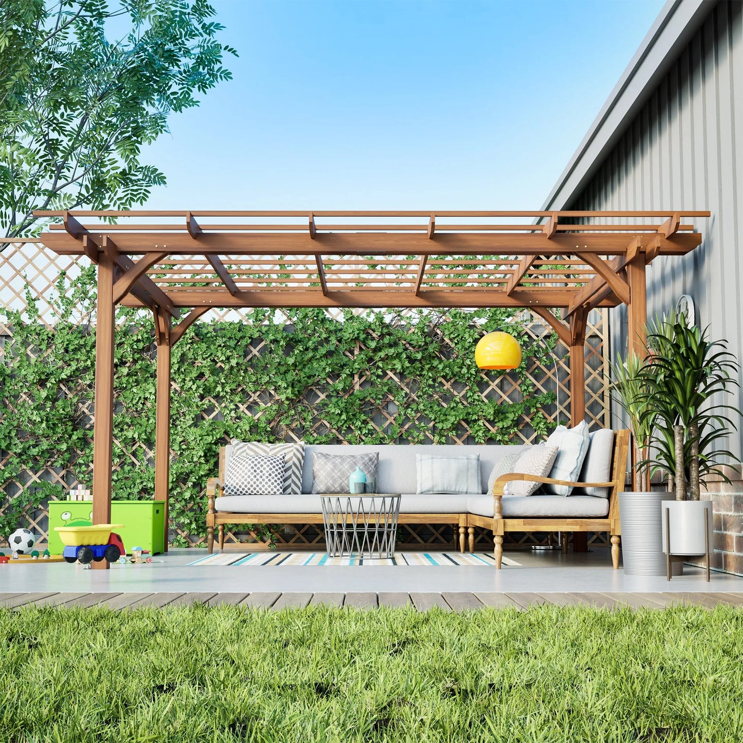 12 x 10 FT Outdoor Wood Pergola, Wooden Grape Pergola for Climbing Plant Support for Garden, Patio, Backyard, Deck, Brown – view 10