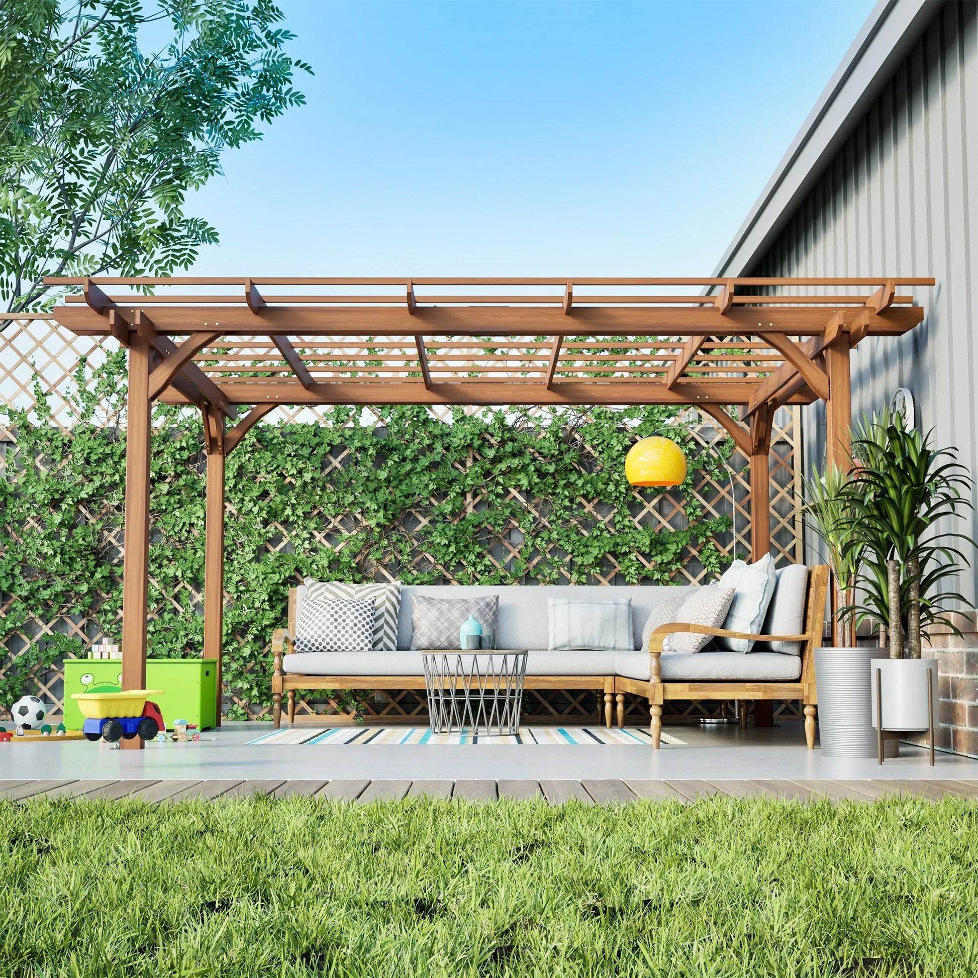 12 x 10 FT Outdoor Wood Pergola, Wooden Grape Pergola for Climbing Plant Support for Garden, Patio, Backyard, Deck, Brown – view 10