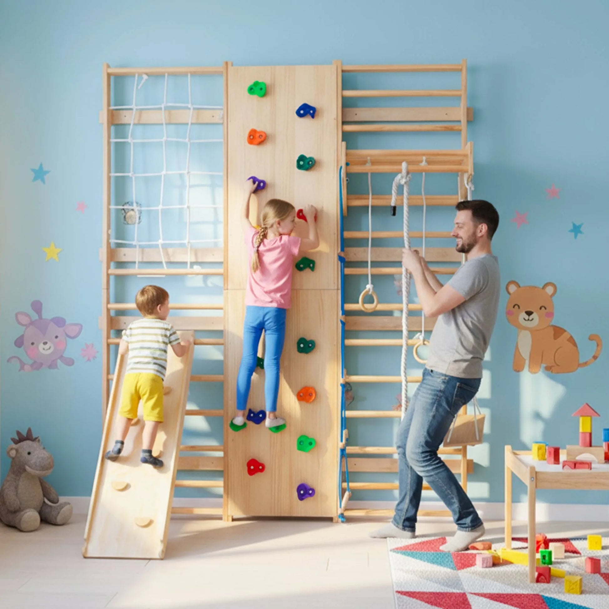 All-in-One 10-in-1 Indoor Climbing Set - Featuring a Rock Climbing Wall, Wooden Swings, Gymnastic Rings, Rope Ladders, and Stretching Equipment for a – view 10