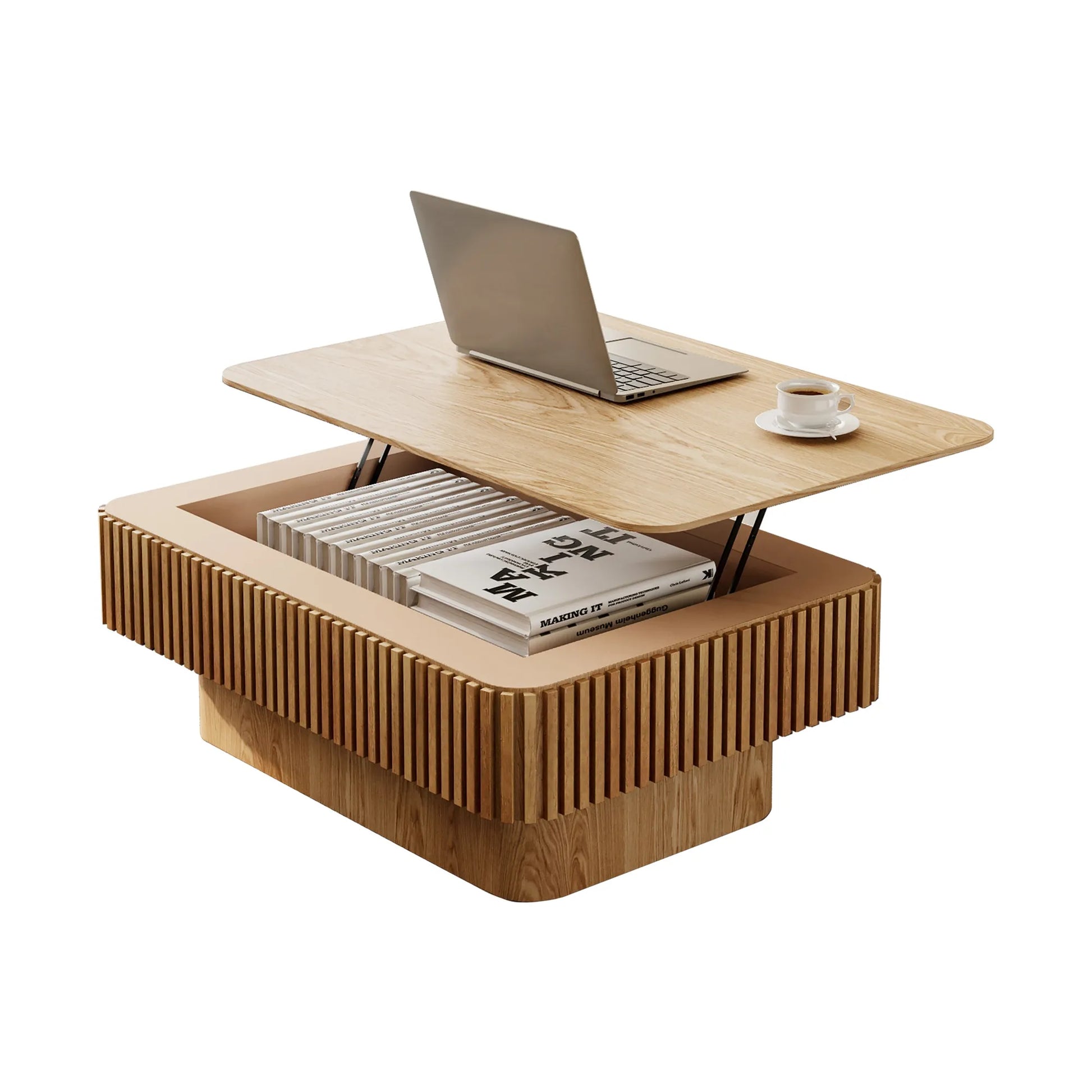 38.6'' Fluted Lift-top Coffee Table Solid Wood Veneered Modern Coffee Table Accent Tea Table with Storage and Adjustable Height for Living Room – view 10