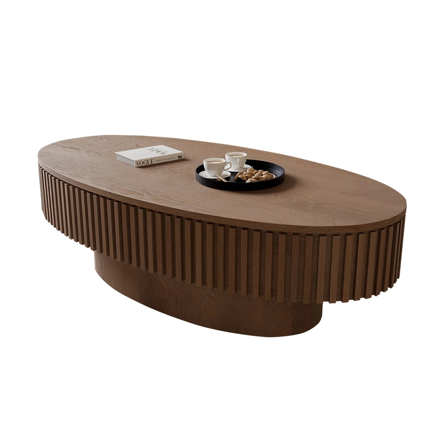 47'' Oval Coffee Table with Storage Solid Wood Veneered Modern Coffee Table Accent Tea Table for Living Room, Bedroom, Apartment or Office, Walnut – view 10