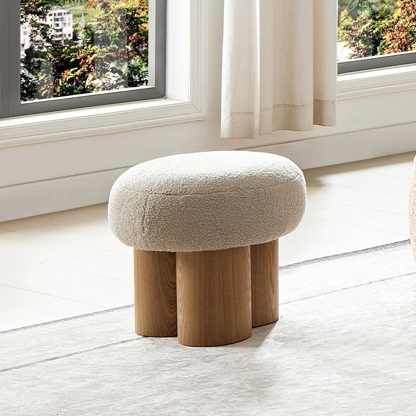 Mushroom Stool with Greige Plush Cushion, Wooden Barrel PVC Pipe, Walnut Finish – view 10