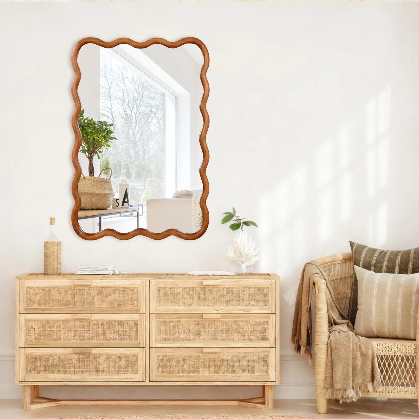 Yellowish Brown 24'x36' Wavy Rectangle Solid Wood Frame Decorative Mirror,For Bedroom, Bathroom, Living Room, Entryway – view 10