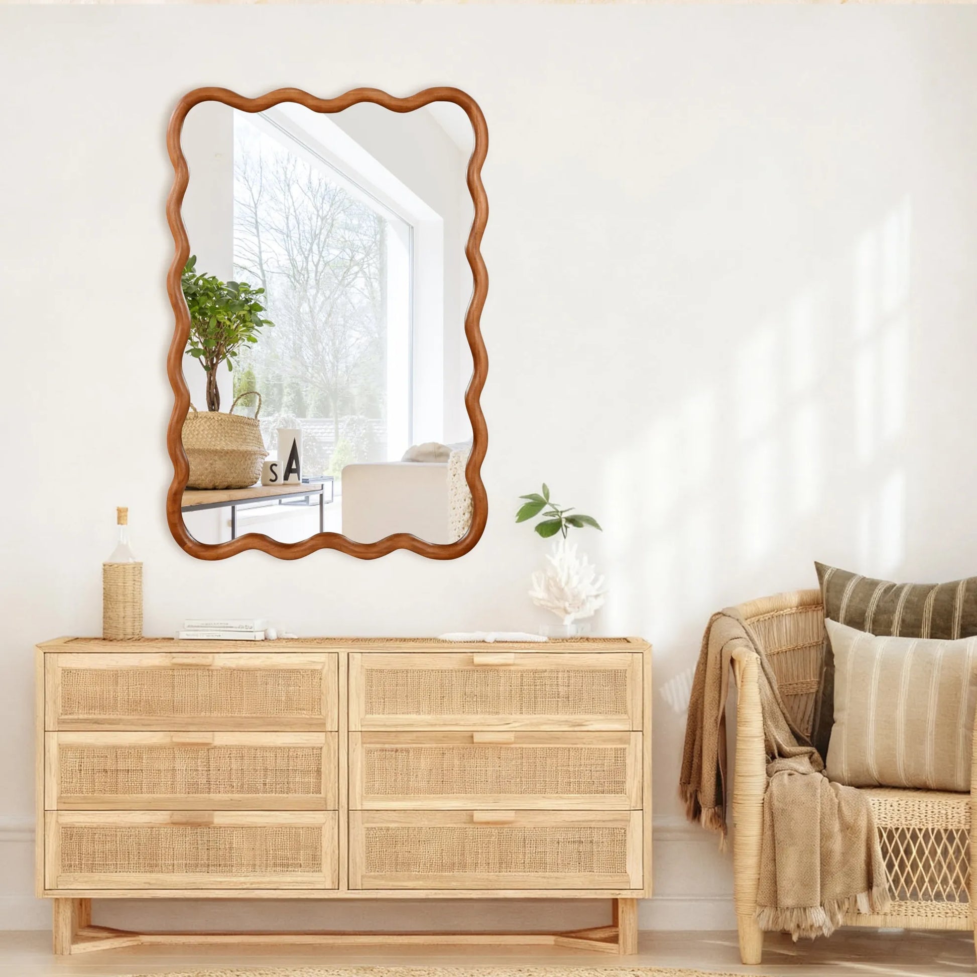 Yellowish Brown 24'x36' Wavy Rectangle Solid Wood Frame Decorative Mirror,For Bedroom, Bathroom, Living Room, Entryway – view 10