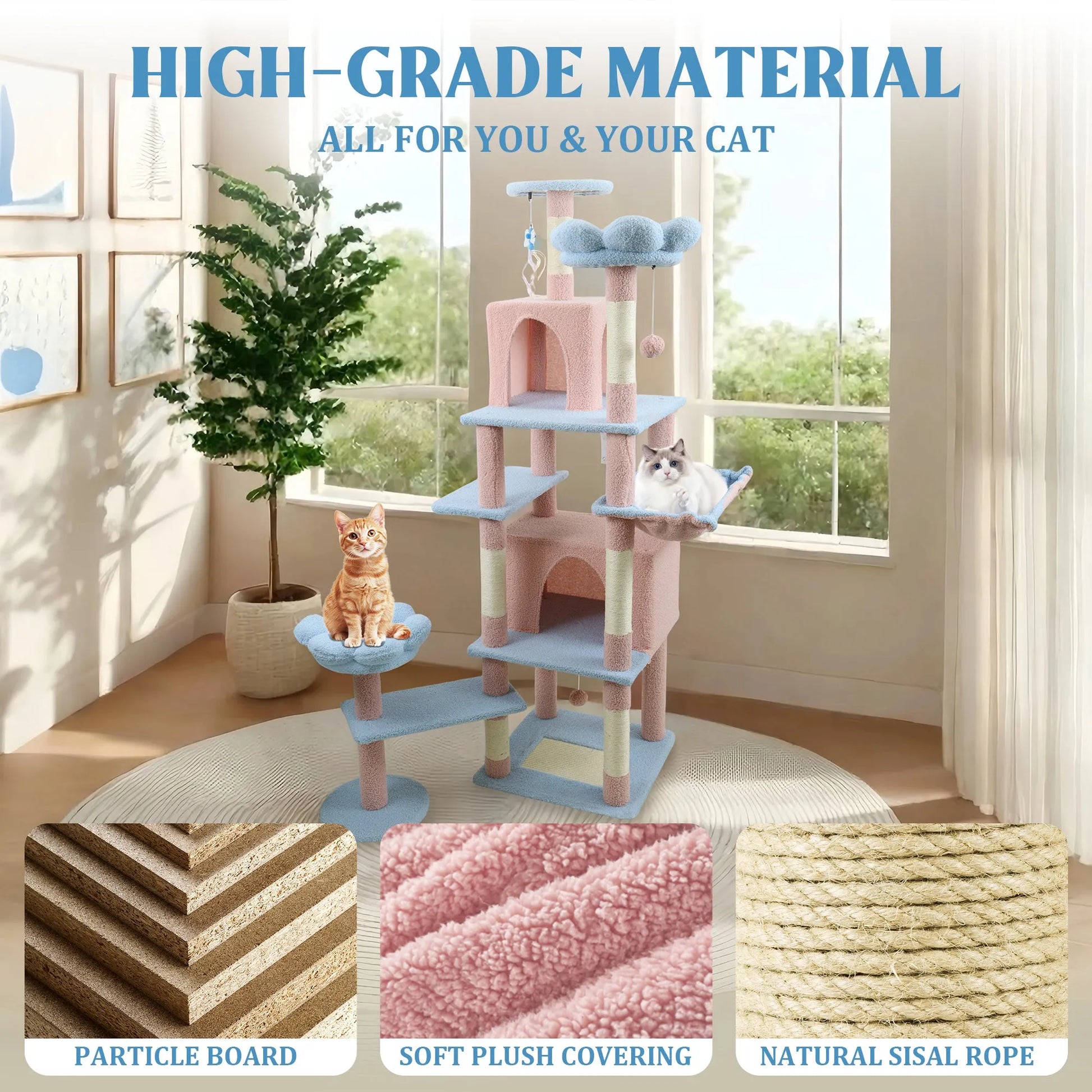 71 inch flower cat tree with large condo removable flower cushion and hammock blue – view 10