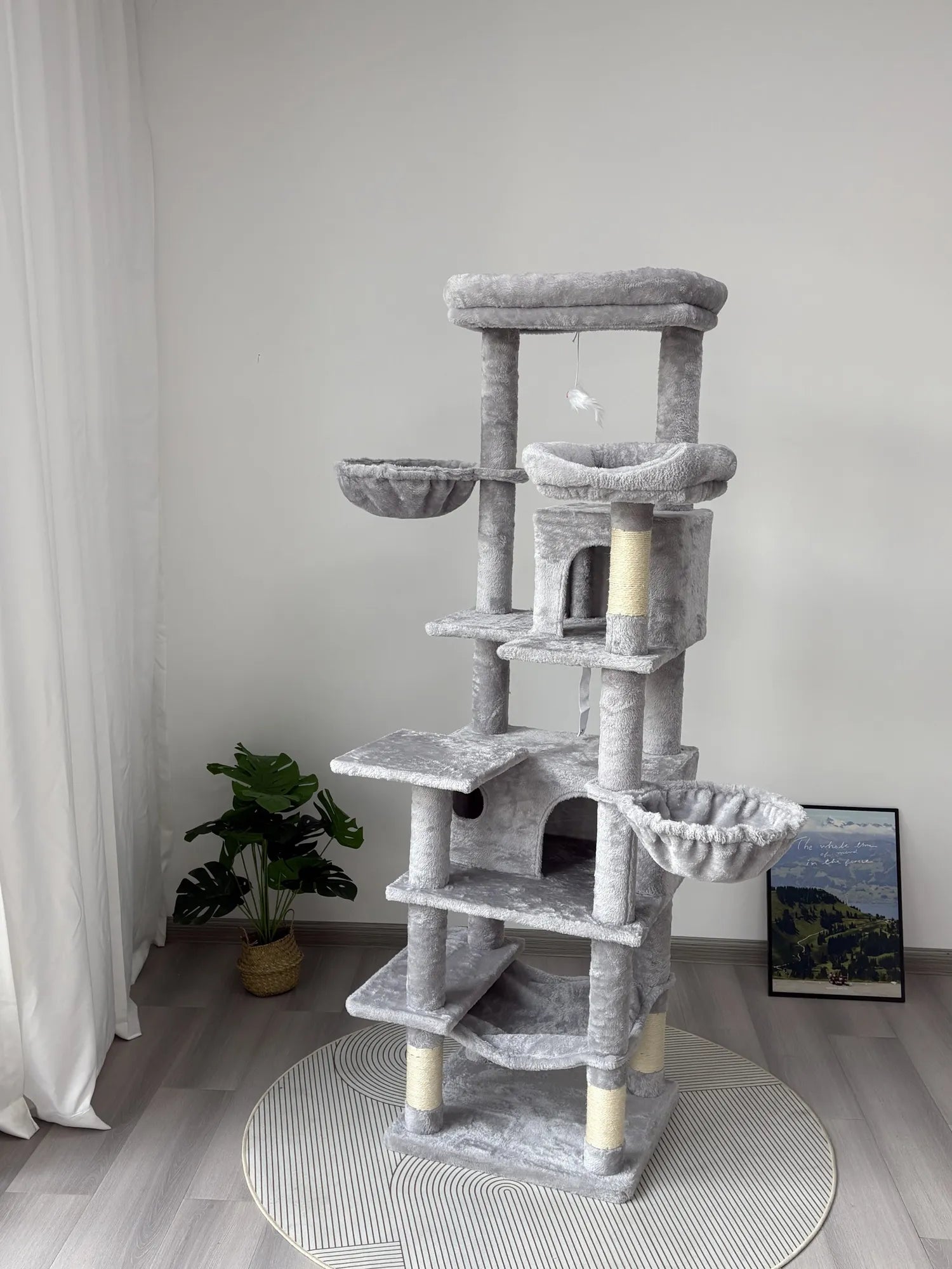 68in Tall Multi-Level Green Cat Tree with Hammocks, Hanging Basket, Cat Cave, Removeable Cushion, Scratching Posts - Plush Cat Tower for Indoor Cats – view 10