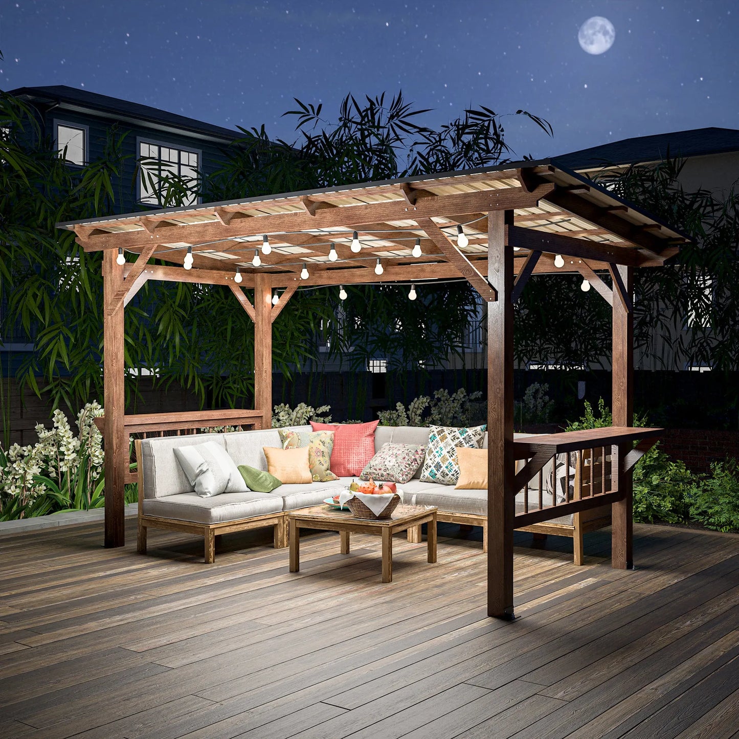 13' x 6.5' Wooden Pergola Grill Gazebo with Metal Roof & Bulbs & Bar Counters – view 10