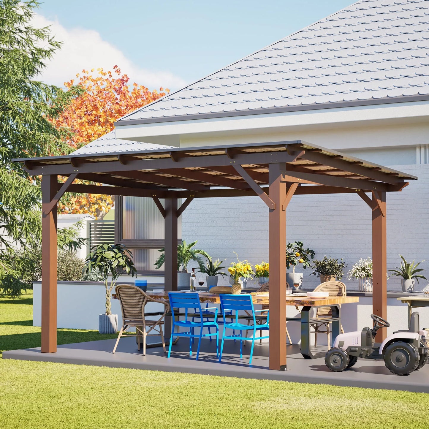 13x10ft Wooden Garden Gazebo with Metal Roof, Spacious Outdoor Patio Shade Structure for Backyard & Garden – view 10