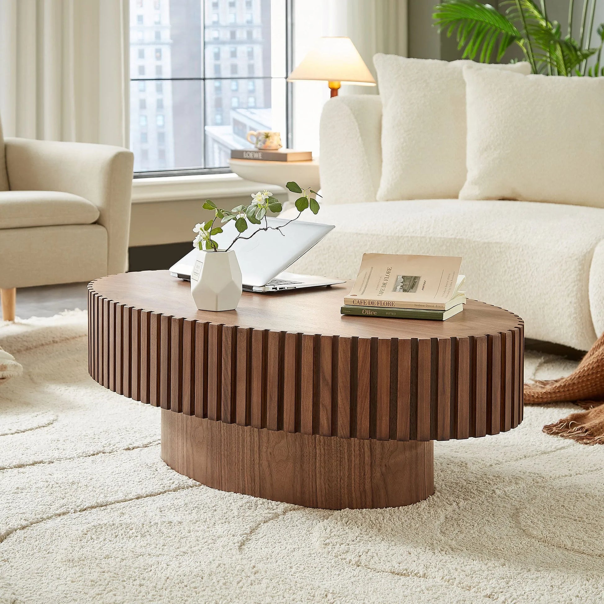 Modern Handcraft Drum Coffee Table Length 43.7 inch Ellipse Coffee Table for Living Room,Oval Small Coffee Table with Sturdy Pedestal,Walnut – view 10