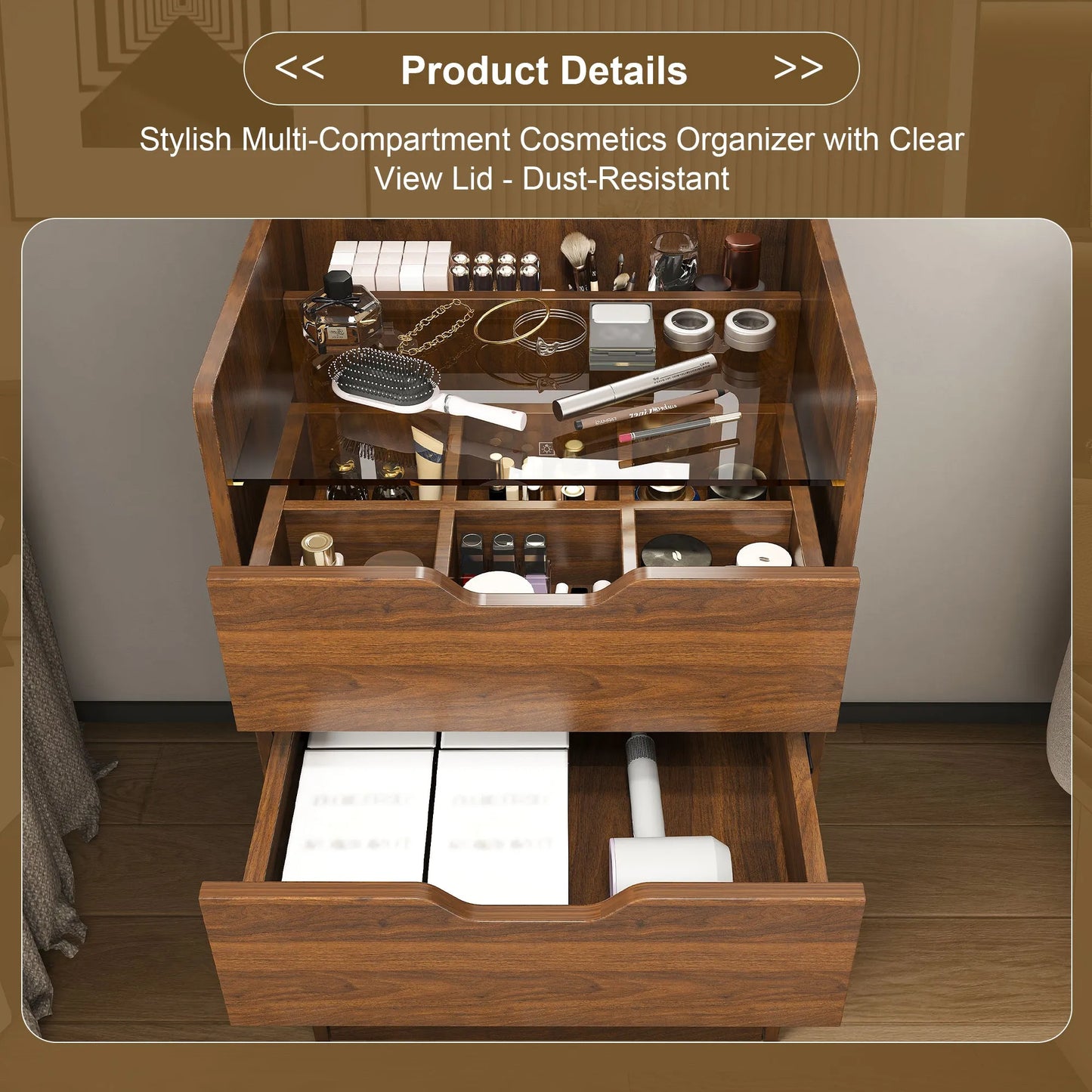 3-in-1 Vanity Desk with Lighted Mirror & Stool, Flip Top Makeup Dressing Table in Walnut Finish, Compact Storage for Bedroom, Bathroom, or Dressing – view 10