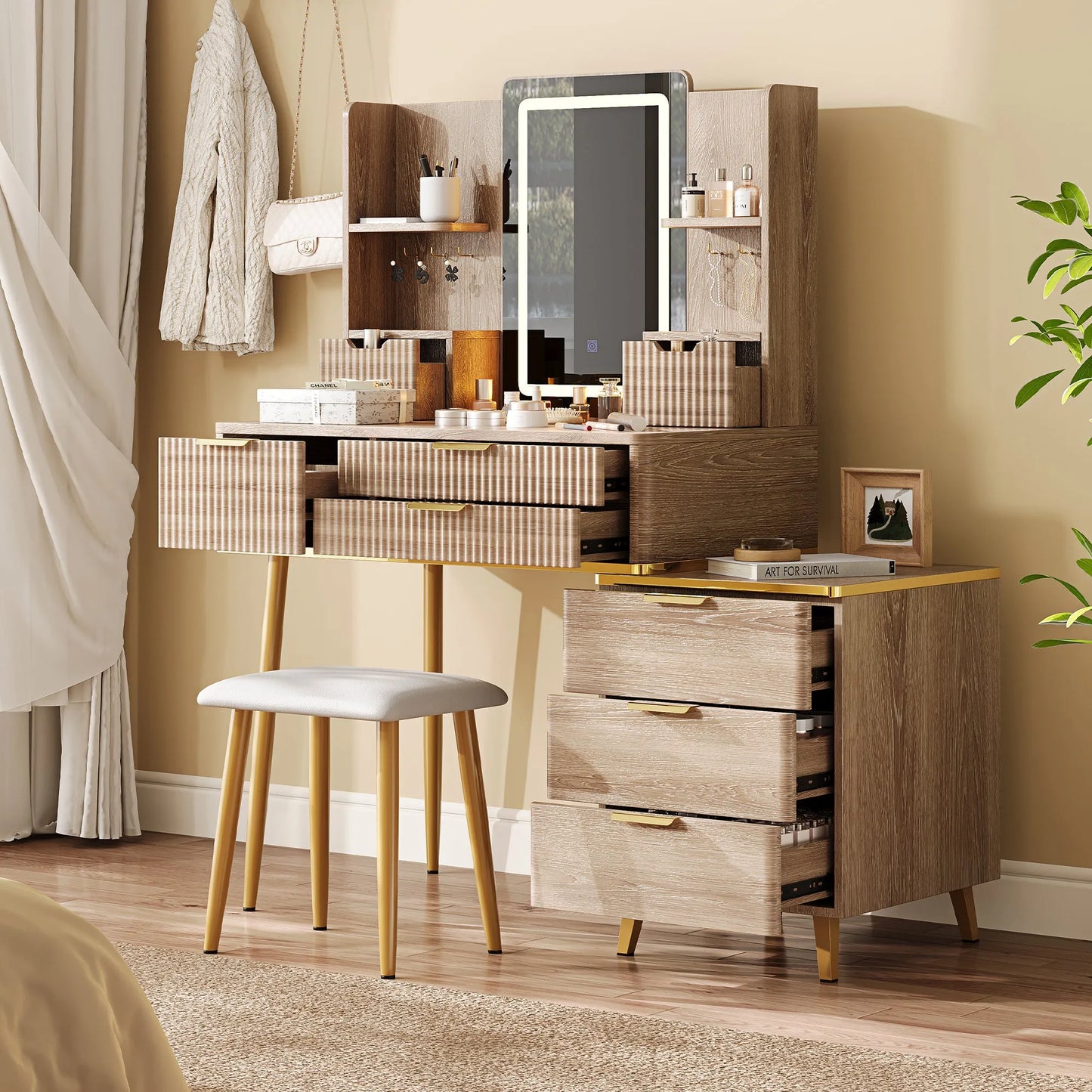 7-Drawer Vanity Desk with LED Mirror & Carved Details, Fluted Makeup Table with Metal Legs and PU Stool, Carved Dressing Table with Jewelry Storage – view 10