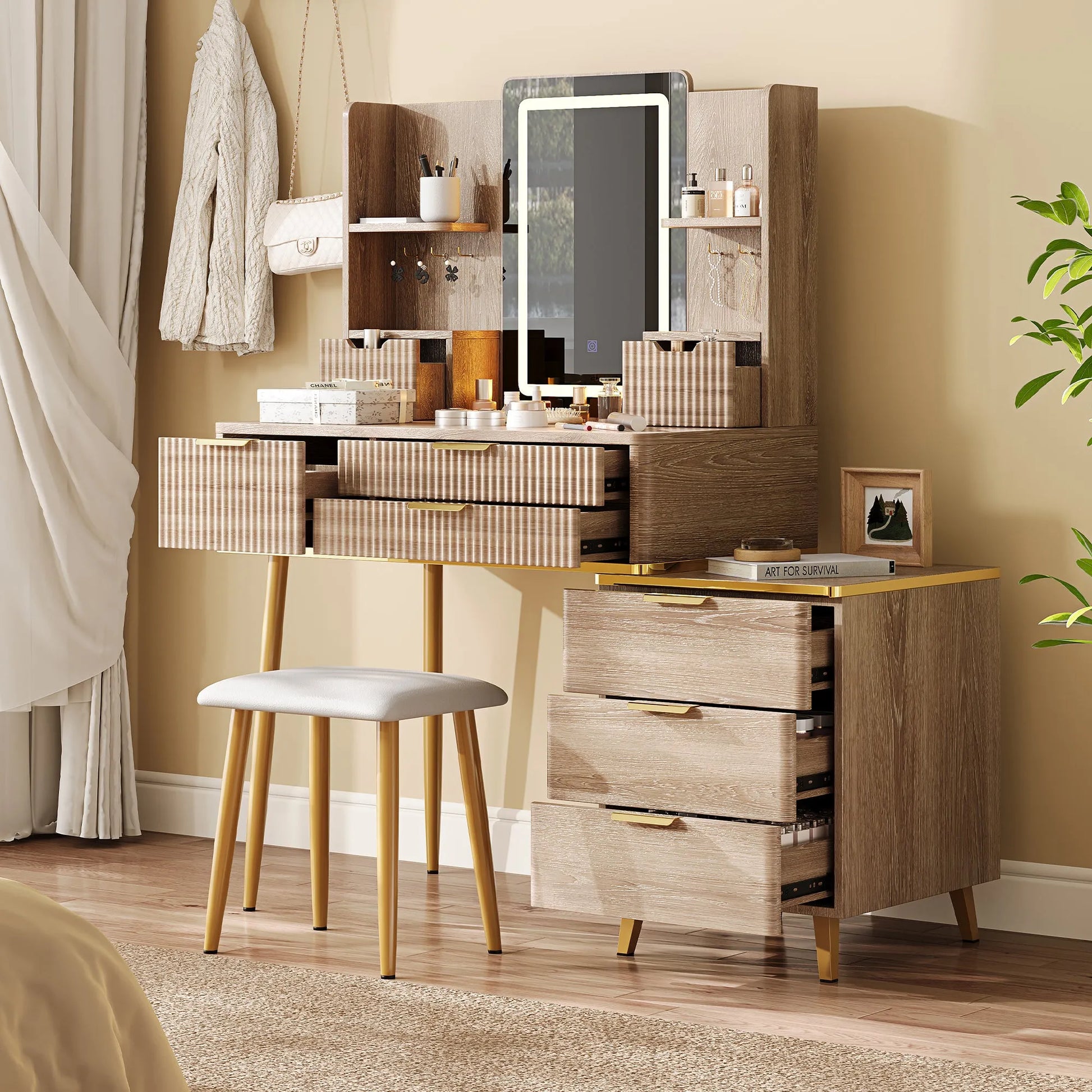 7-Drawer Vanity Desk with LED Mirror & Carved Details, Fluted Makeup Table with Metal Legs and PU Stool, Carved Dressing Table with Jewelry Storage – view 10