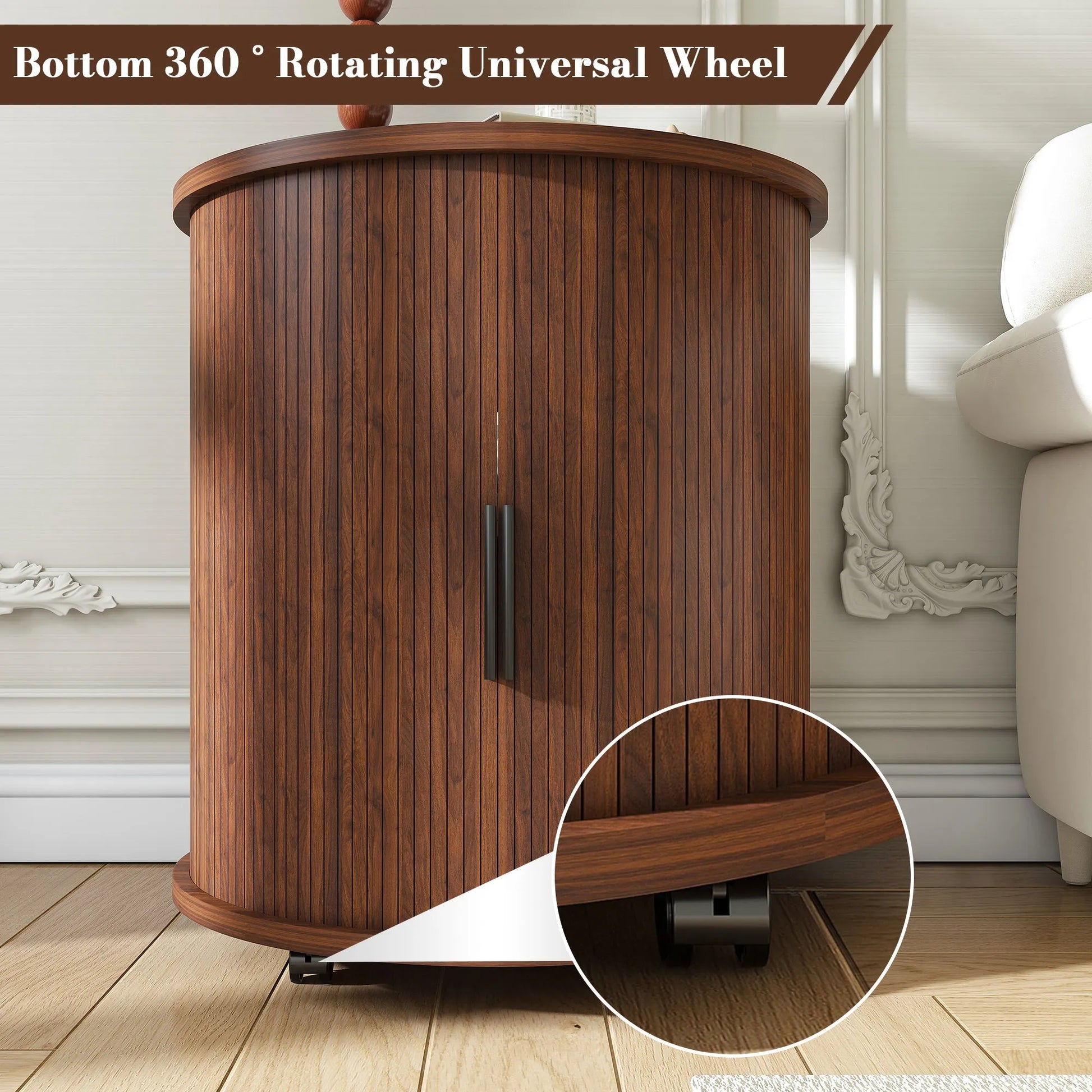 Mid Century Modern Cylinder End Table with Built-in Charging Station & Sliding Door, 2-Tier Storage Round Nightstand with USB Ports, Walnut Bedside – view 10