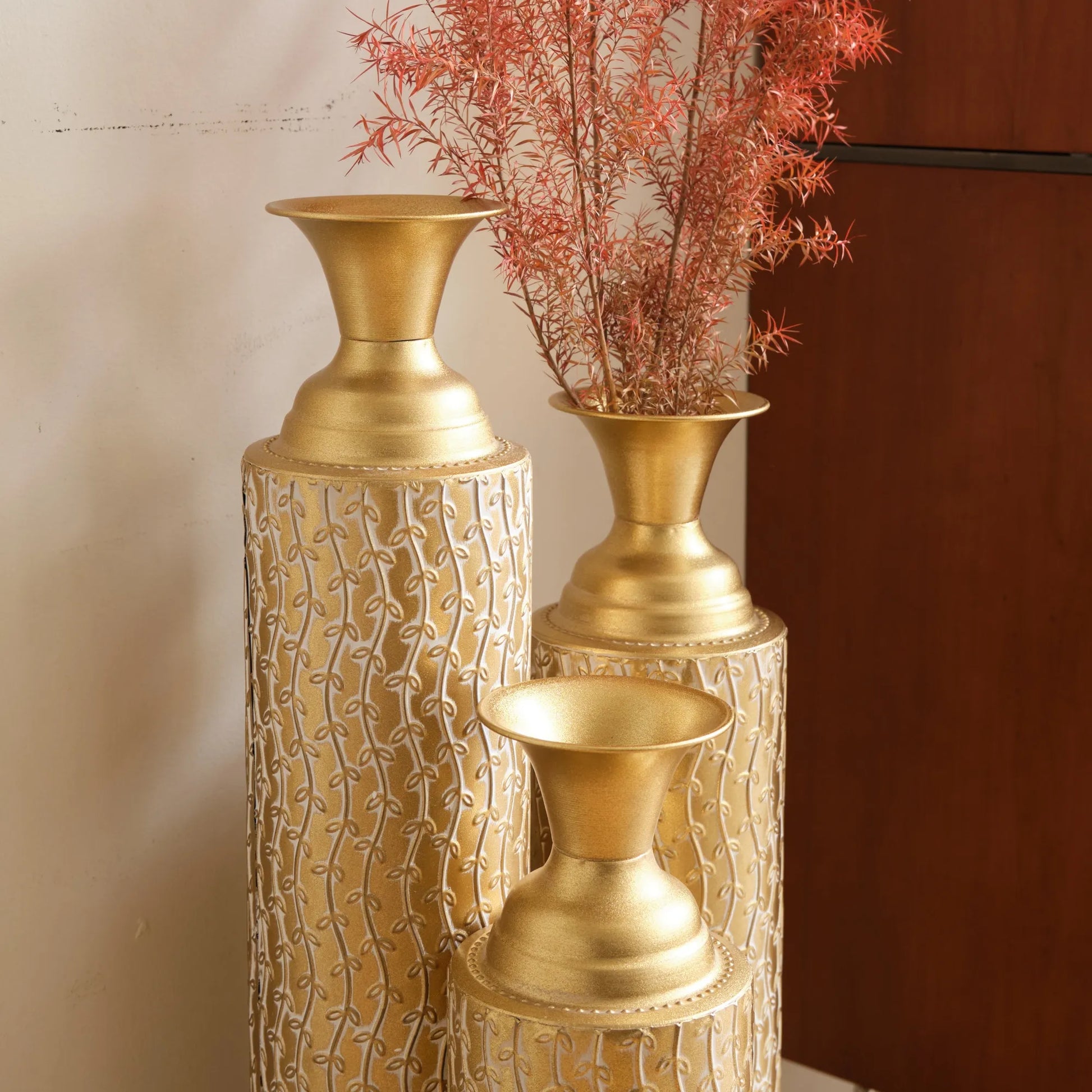 Metal Decorative Vases High Distress Metal Center Vases with Growing Vine Patterns, Set Of 3 Vases for Home Decoration 34', 29', 25'H, Gold – view 10