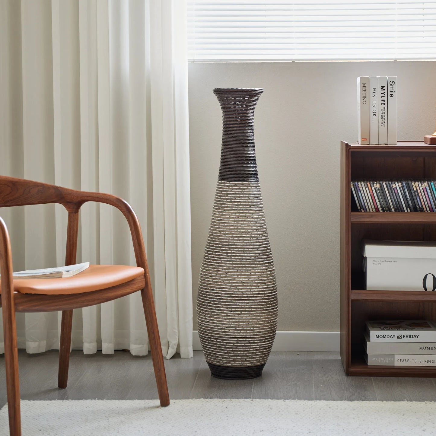 39-Inch Tall Standing Designer Floor Vase - Durable Artificial Rattan - Elegant Two-Tone Dark Brown Finish - Ideal Décor Accent for Living Room – view 10