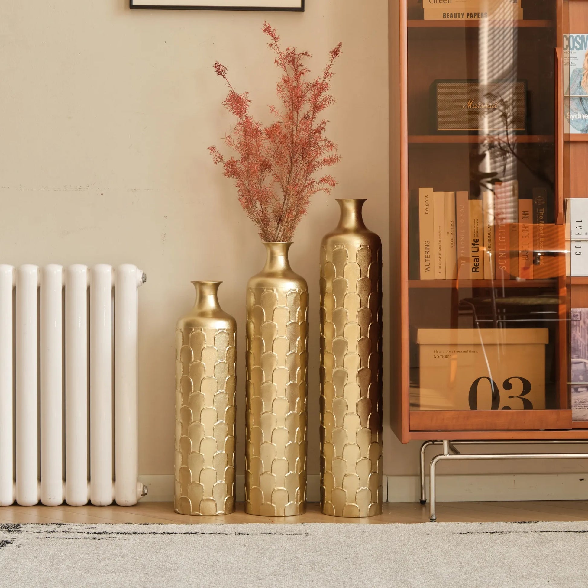 Floor Metal Vases Decorated White Metal Vases Set of 3 Gorgeous Home Decoration Large Glazed Metal Vases 25.2in/29.33in/34.25in Height – view 10