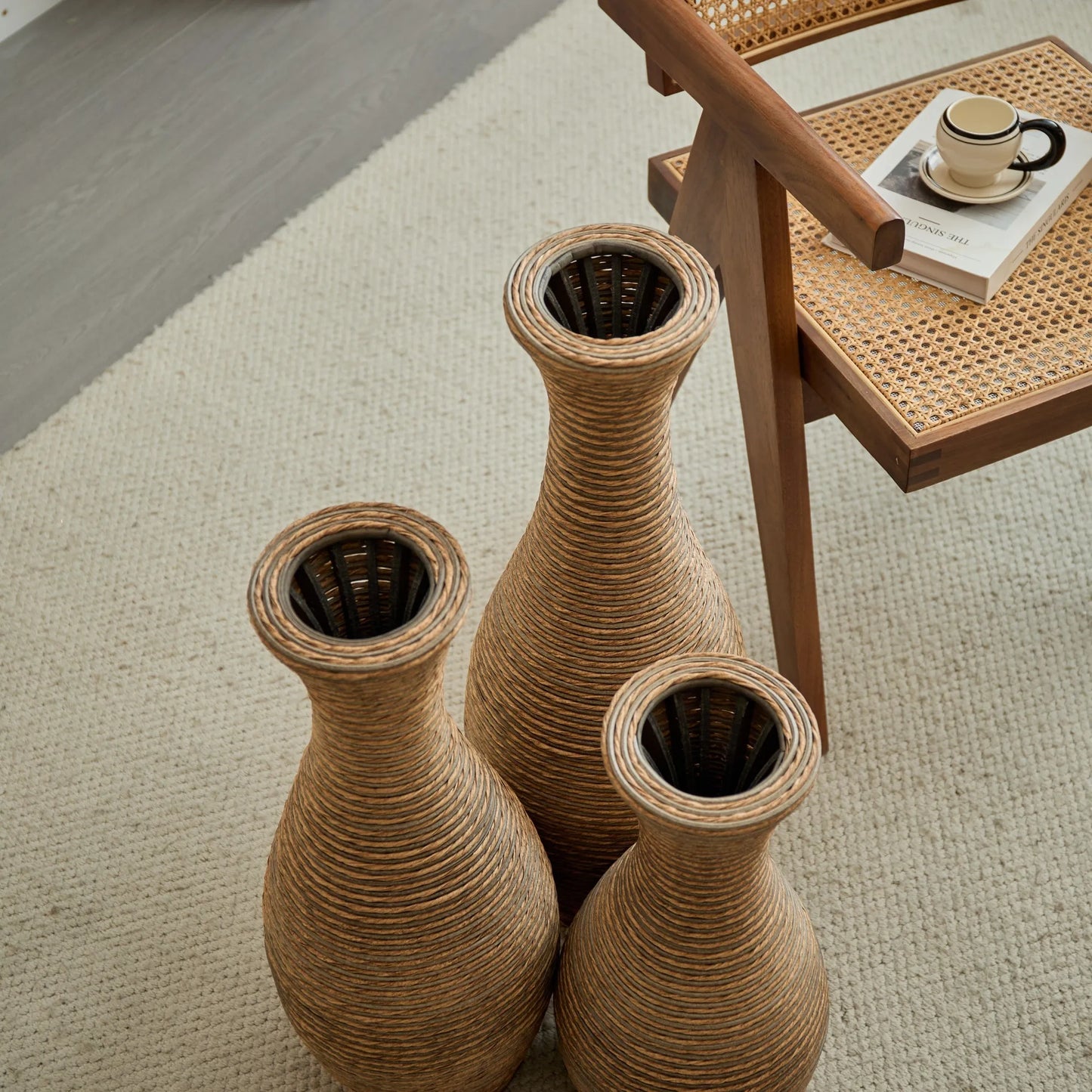 3-Piece Artificial Rattan Floor Vase Set – Decorative Accent for Living Room, Hallway & Entryway, Ideal for Dried or Silk Flower Arrangements, Beige – view 10