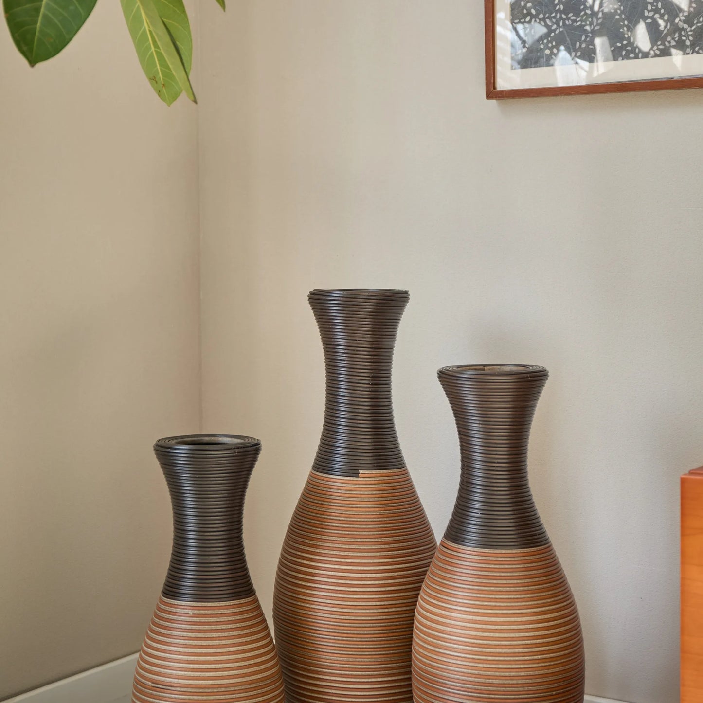 Set Of 3 Designer Floor Vases, Large Vases for Home Décor Flooring, Artificial Rattan Floor Vases, Brown Floor Vases for Living Rooms or Corridors – view 10