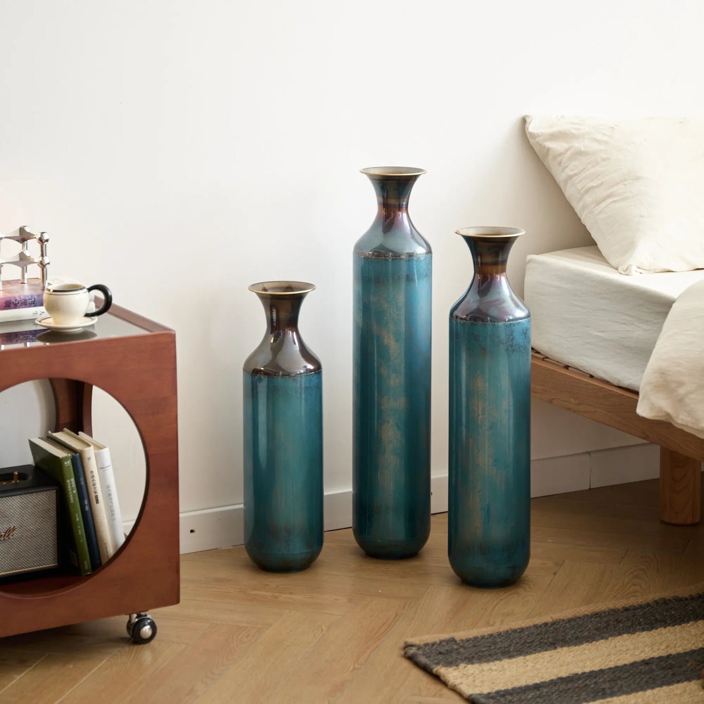 Modern Droplet-Shaped Floor Vase Set – Aqua Blue Glazed Metal Decorative Vases – 3-Piece Home Decor in 20.4 In, 24.4 In & 28.34 In Heights – view 10