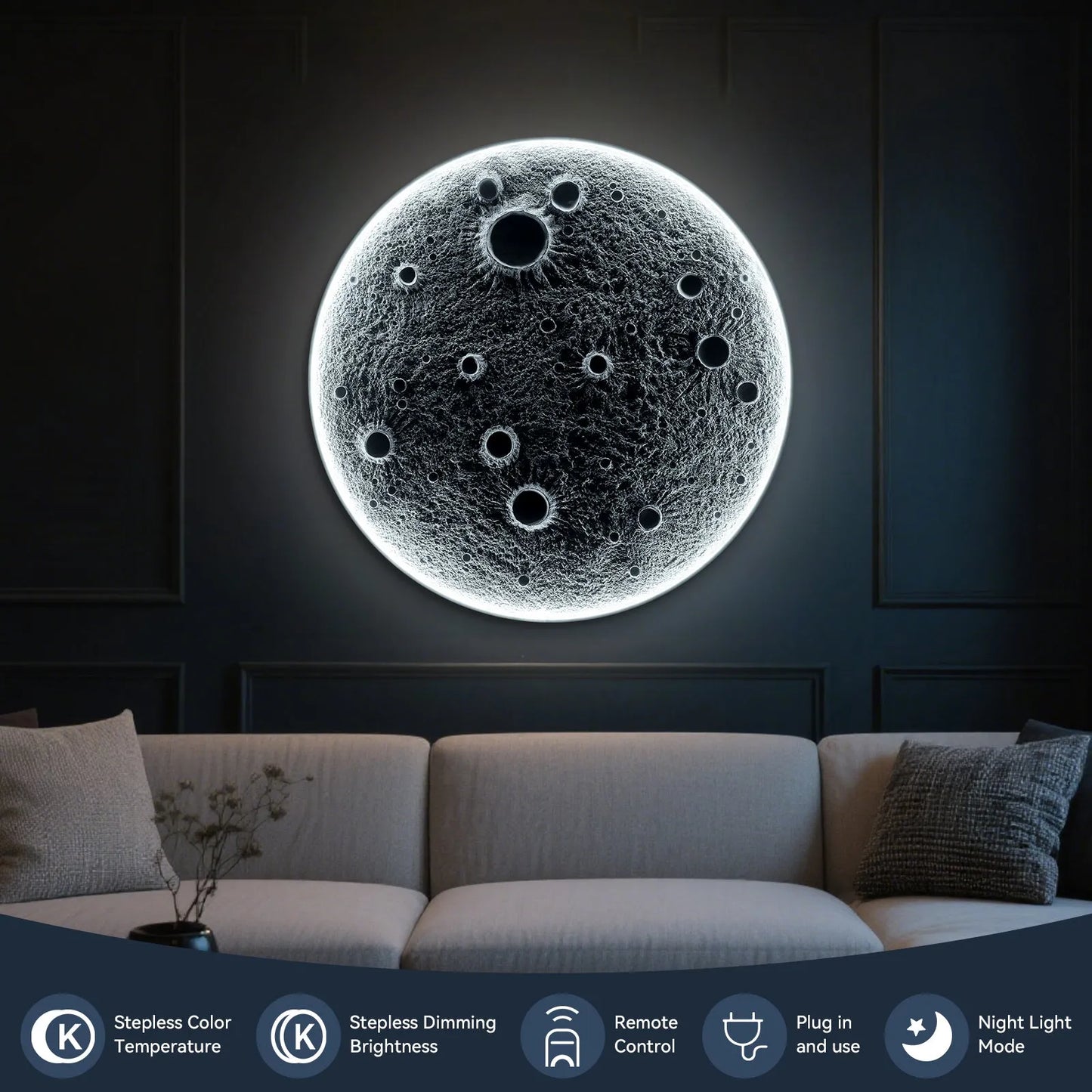 32-Inch Realistic Resin Moon Wall Light – Plug-In Dimmable LED Moon Sconce with Remote Control, 30 W Main & 10 W Night Light, Meteorite Crater – view 10