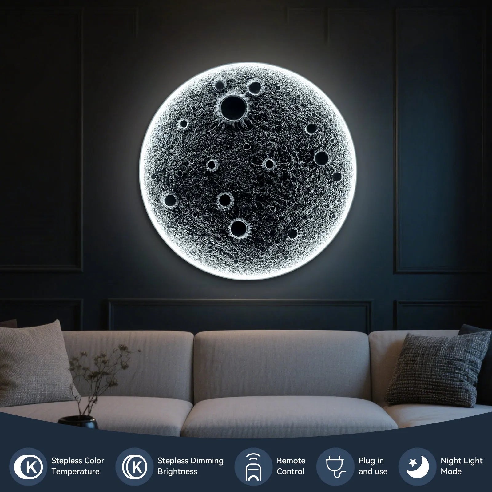 32-Inch Realistic Resin Moon Wall Light – Plug-In Dimmable LED Moon Sconce with Remote Control, 30 W Main & 10 W Night Light, Meteorite Crater – view 10